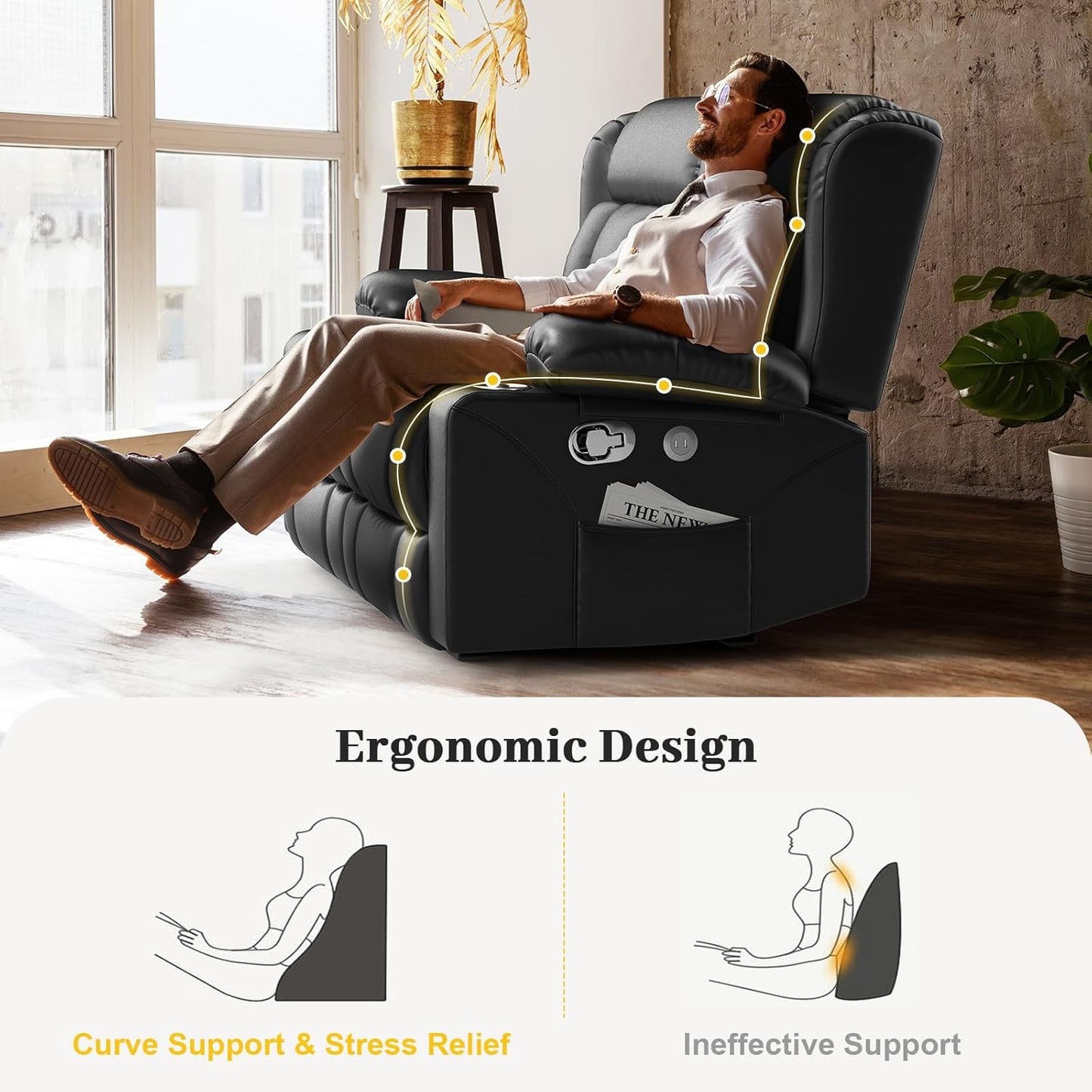 Loveseat Recliner Sofa Set with 2+1 Pieces, 2 Seater Minimalist Style Manual Pull Tab Reclining Loveseat with USB Charge Ports, Cup Holders, Recliner Couches for Living Room, RV, Black