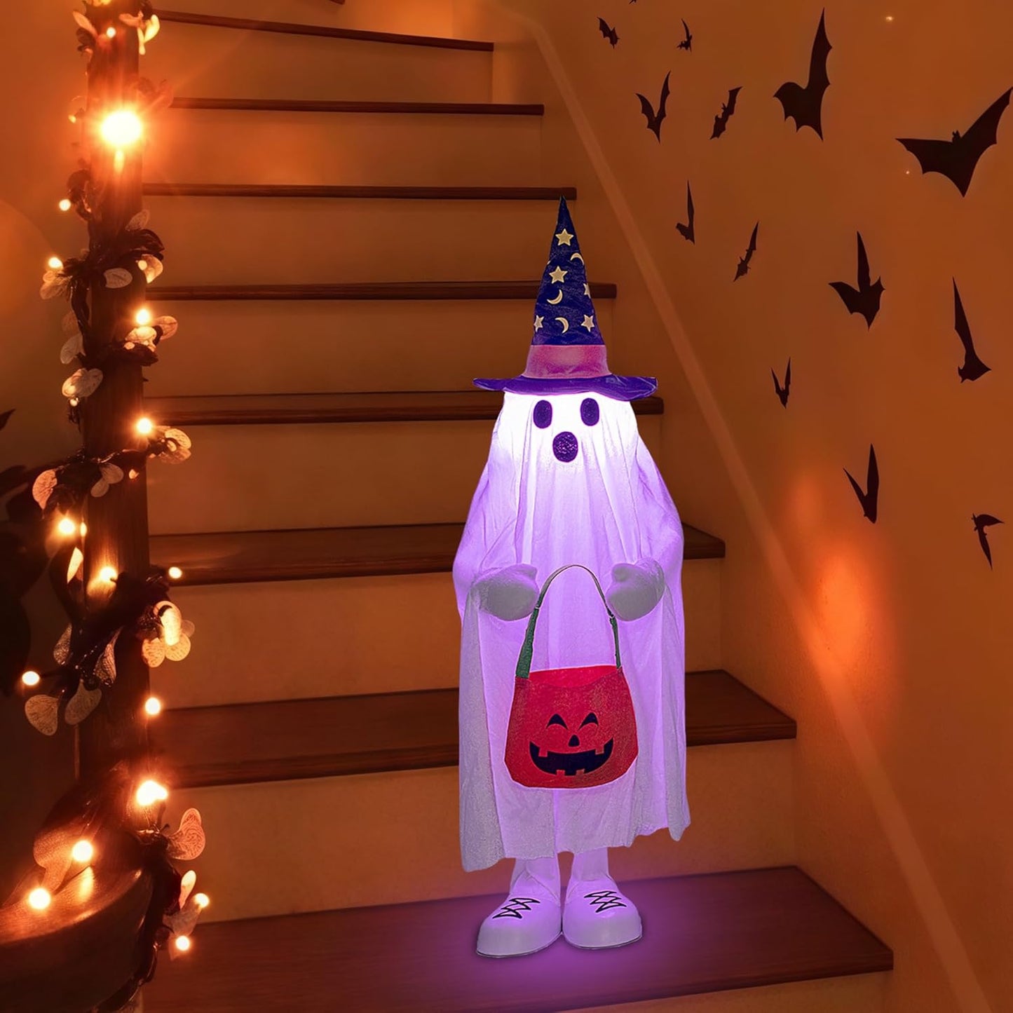 37" Cute Front Porch Light Up Halloween Ghost Décor, Kids Standing Trick or Treat Indoor and Outdoor Decorations-Star Moon