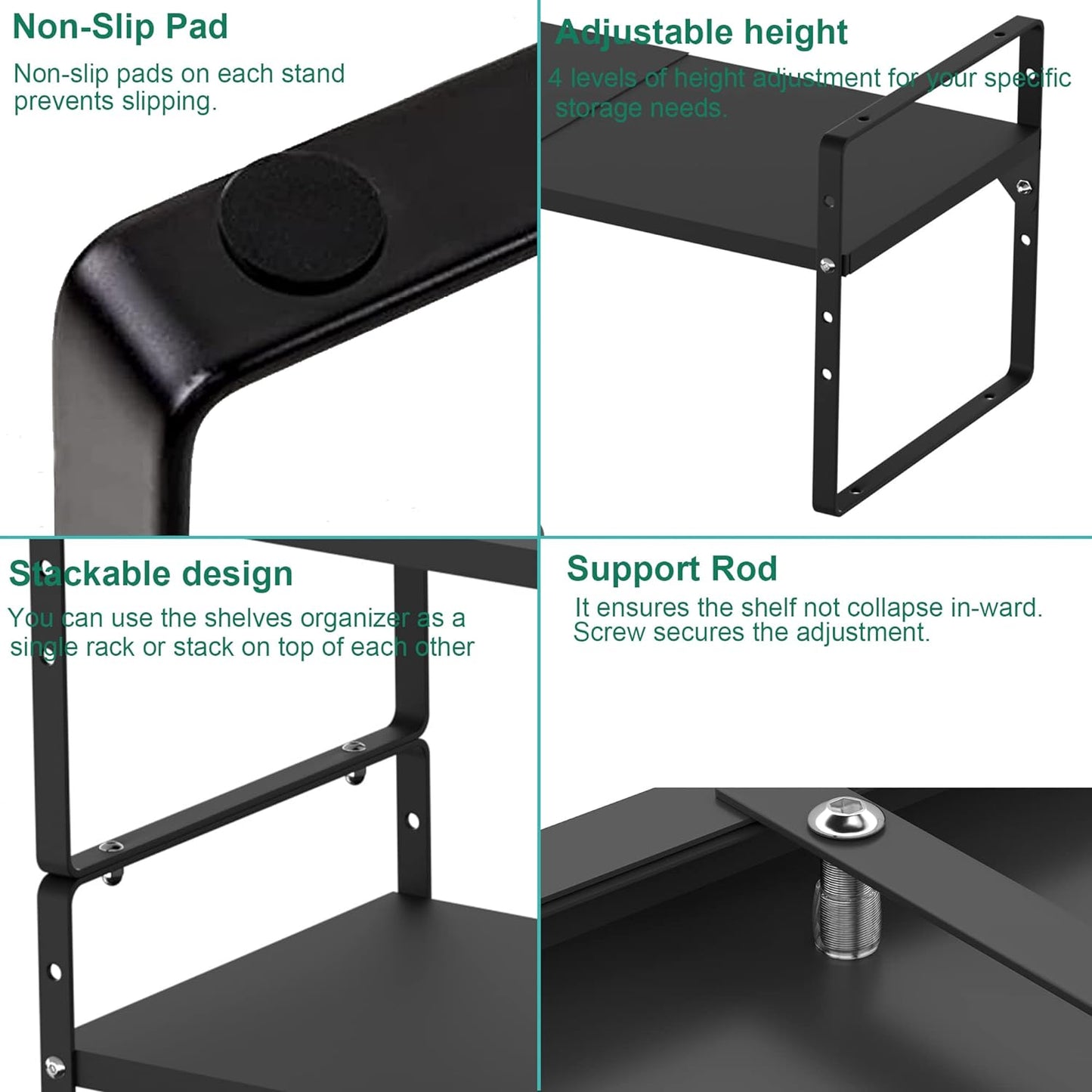 iPEGTOP Expandable Cabinet Storage Shelf Organizer Rack, Heavy Duty Cupboard Stand Spice Rack Adjustable Height Pantry Garage Shelf Space Riser for Counter Kitchen Organization, Black, 1 Pack