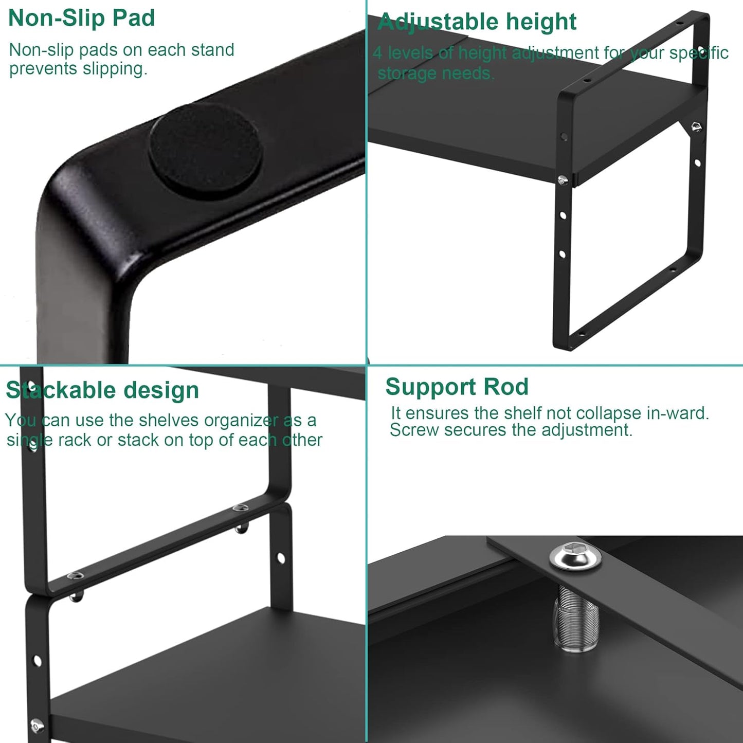 iPEGTOP 2 Pack Expandable Cabinet Storage Shelf Organizer Rack, Heavy Duty Steel Metal Spice Rack Adjustable Height Office Garage Pantry Shelf Space Riser for Counter Kitchen Organization, Black