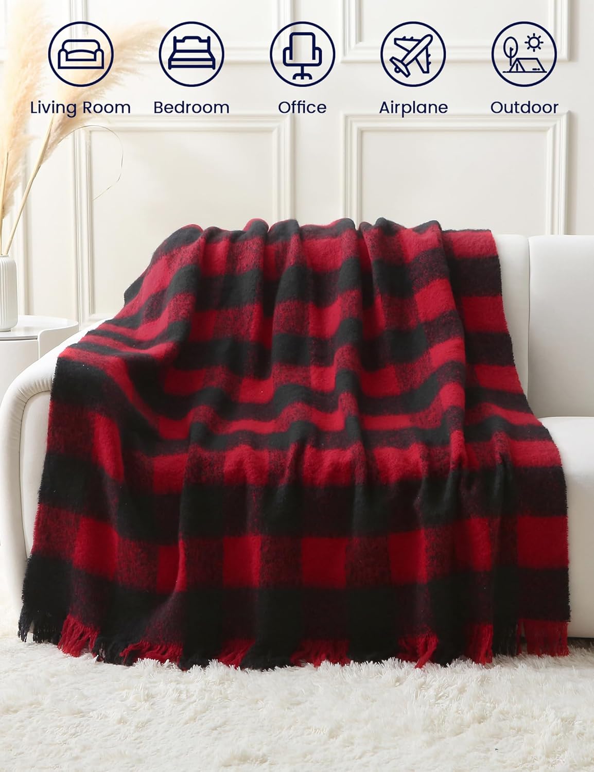 ZonLi Christmas Buffalo Plaid Throw Blanket, 50" x 60" Black and Red Decorative Blankets with Tassel for Couch, Bed, Sofa, Chair, Outdoor, Cozy Warm Lightweight Farmhouse