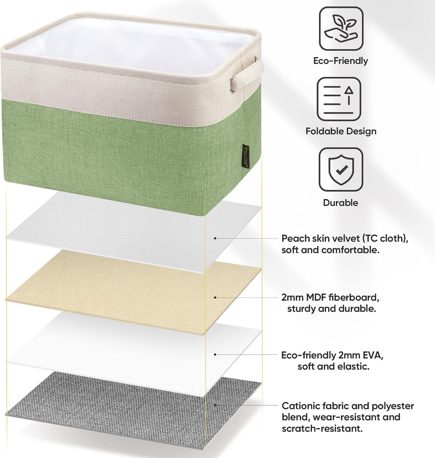 BALEINE 3 Pack Fabric Storage Bins for Shelves, Linen Storage Baskets for Organizing, Decorative Closet Bins for Clothes, Home (Green, 15''x11''x9.5'')
