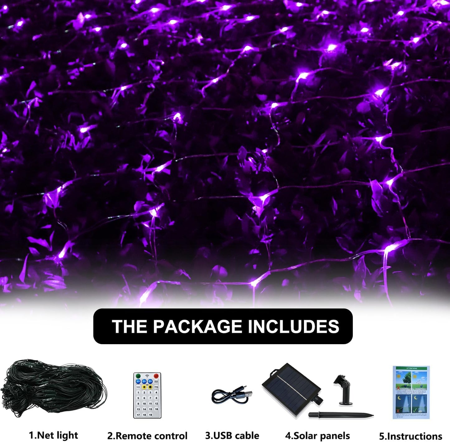 Curyidy Solar Net Halloween Lights Purple,200 LED Net Lights Outdoor Mesh Lights, 19 Modes Solar Powered/USB Remote Control String for Garden, Yard, Bushes, Trunk, Halloween, Xmas Tree Decor