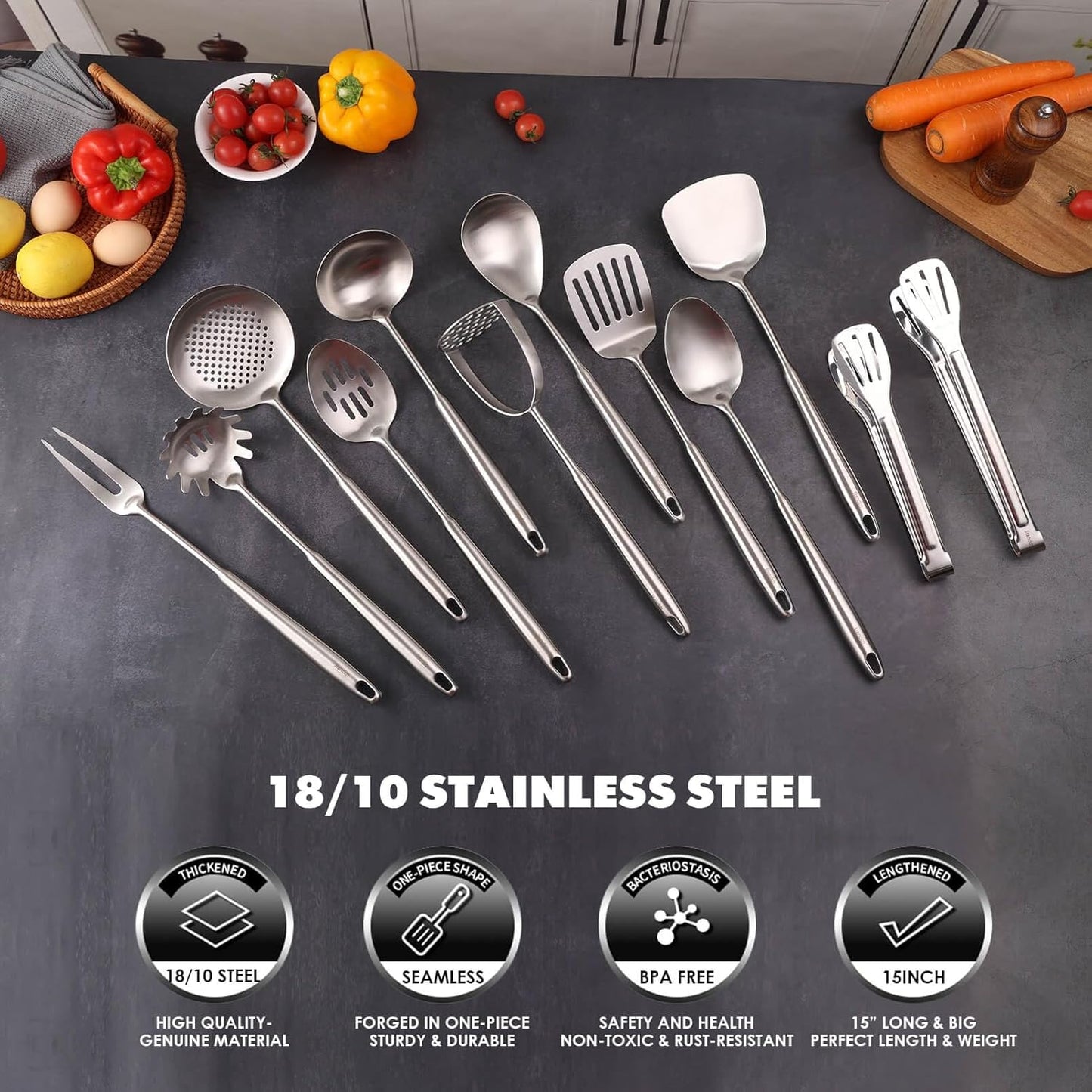 18/10 Stainless Steel Kitchen Utensils Set - 12 PCS All Metal Cooking Tools & 15″ Serving Utensils - Potato Masher, Meat Fork, Tongs, Turner, Pasta, Serving Spoon, Skimmer, Ladle, Spatula Spoon Set