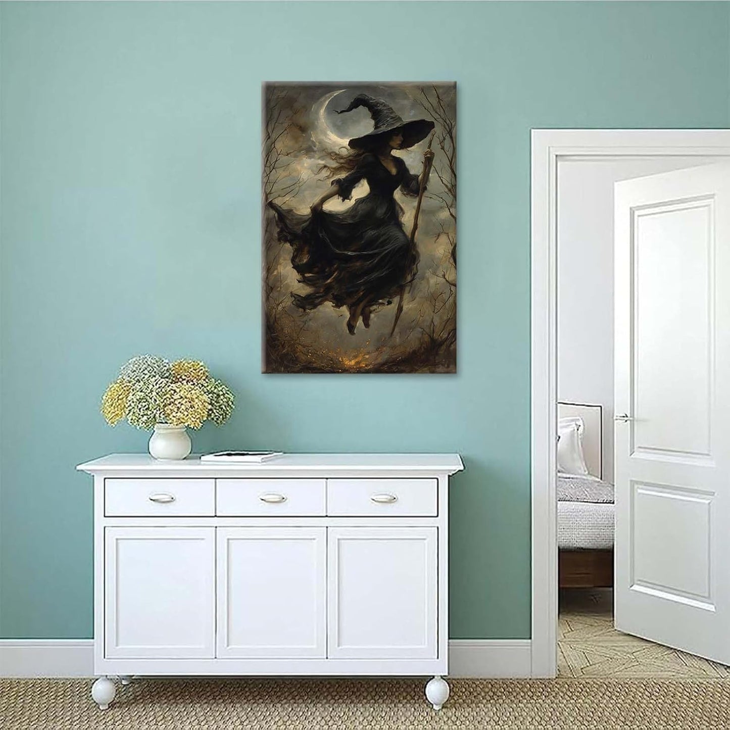JFHCQJPK Witch in the Forest Halloween Print Wall Art Poster Witch Decor Vintage Print Dark College Wall Art Victorian Gothic Room Decor Canvas Wall Print32x48in Frameless