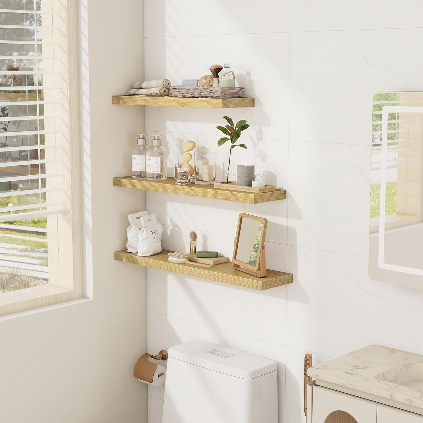 Floating Shelves Wall Shelf 30 Inch Long, Rustic Wood Bathroom Shelves 30 Inch, Farmhouse Home Decor Kitchen Living Room Bedroom Shelves Wall Mounted, 30 x 6.7 x 1.4 Inch, Set of 3, Oak Color