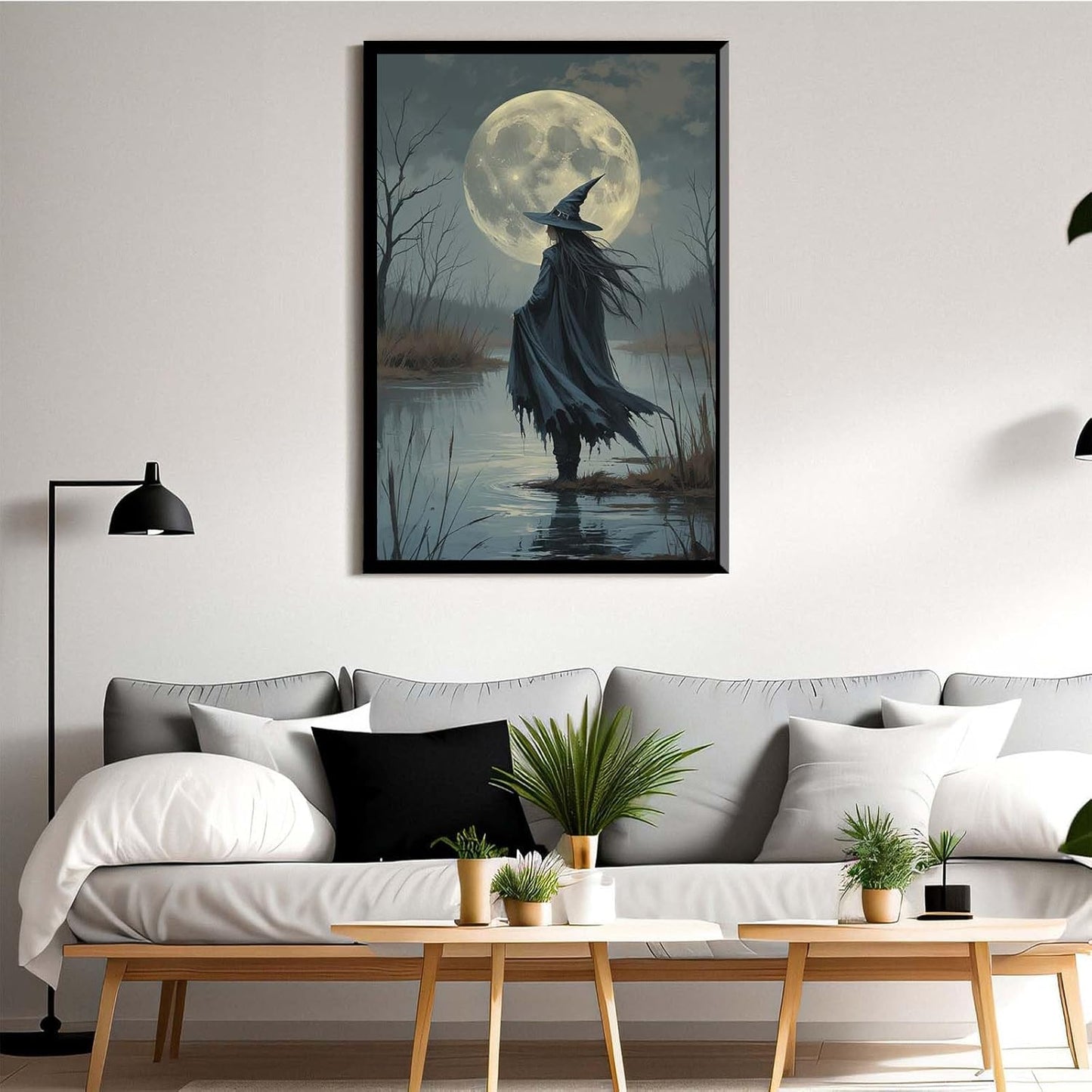 JFHCQJPK Witch in the moonlight magic canvas wall art enchanting Halloween home decor swamp witch silhouette oil painting mysterious gothic aesthetic wall decor print poster20x30in Metal blackFramed
