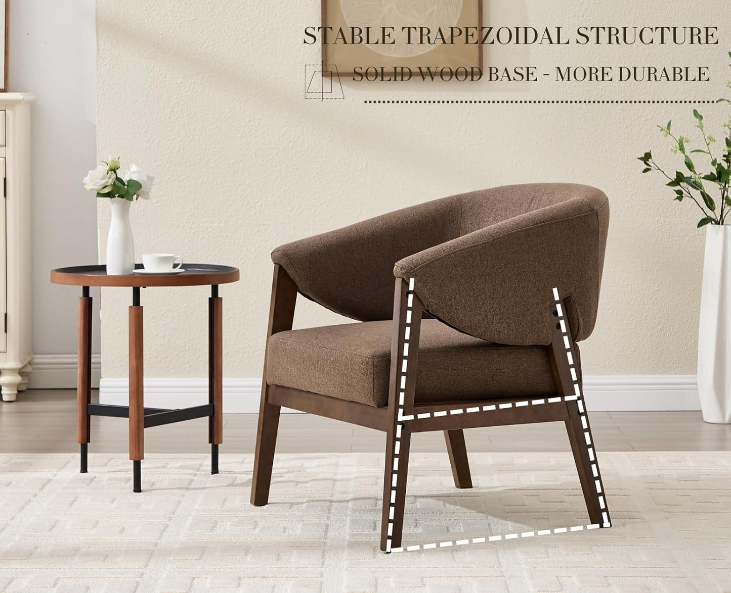 Mid-Century Modern Accent Chairs Set of 2, Comfy Barrel Armchairs with Wide Seat, Upholstered Lounge Chairs with Walnut Wood Legs for Living Room/Bedroom/Reading Corner, Linen Fabric, Brown