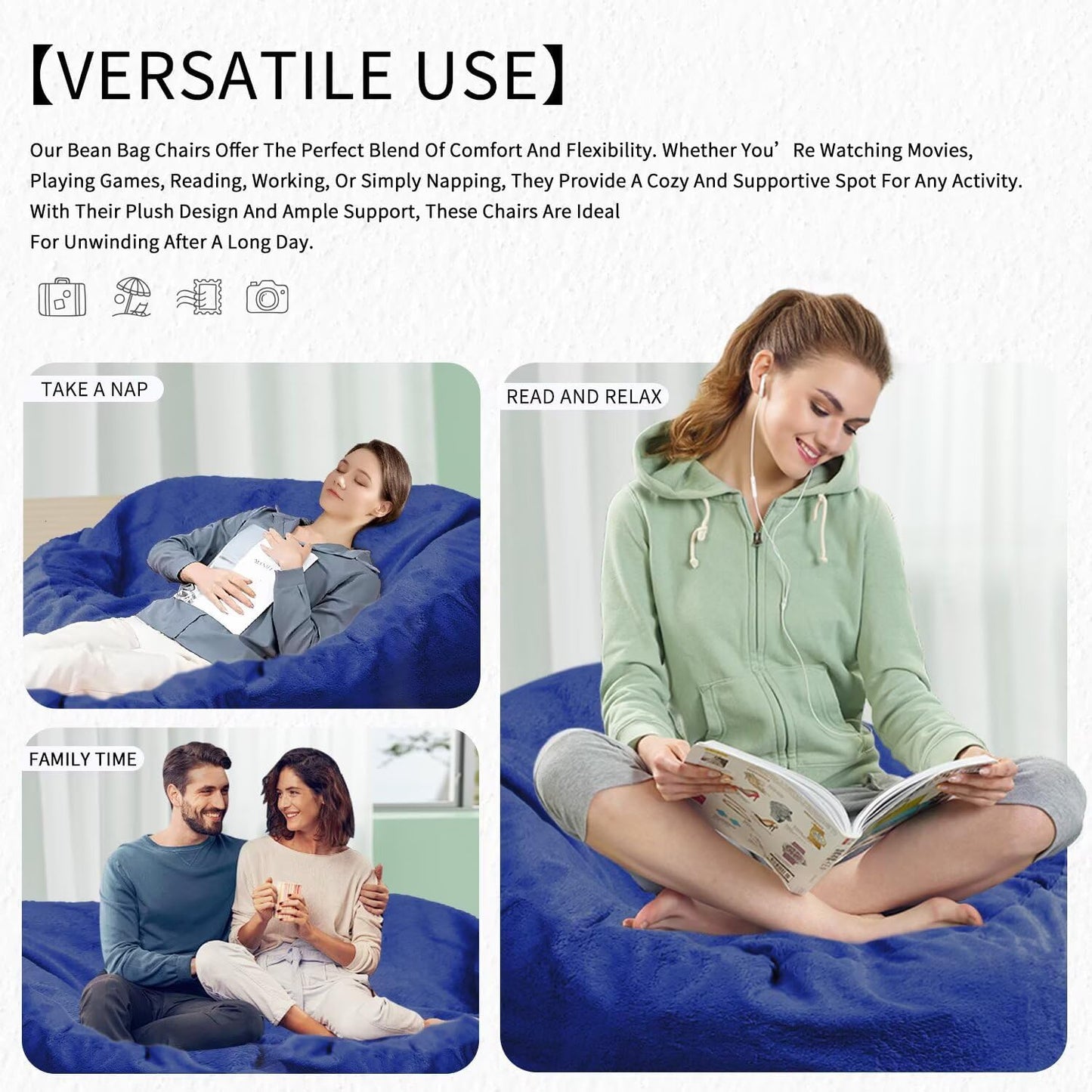 Bean Bag Chair for Adults 3FT,Soft Removable Cover for Teens/Girls Bedroom,Fluffy Giant Round Floor Beanbag Lounger Chairs (No Filler,Sapphire)