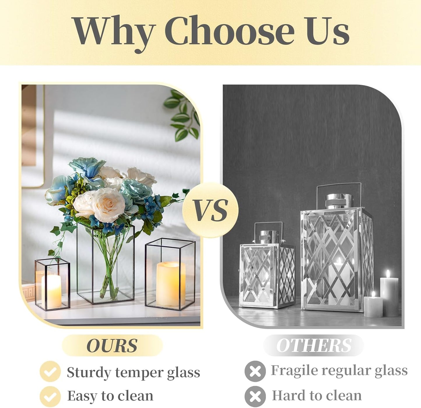 Glass Hurricane Candle Holder Large - Hewory 3pcs Black Rectangle Flower Holders Centerpiece for Table, Tall Floor Square Pillar Candle Lantern for Wedding, Anniversary, Party, Fireplace, Dining Room