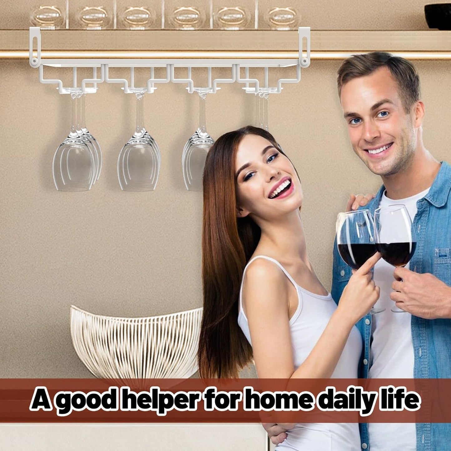 AUHOKY 2Pcs Adjustable Wine Glass Rack Under Cabinet, Punch-Free 4 Rows Stemware Wine Glass Metal Holder, Hanging Wine Glasses Storage Hanger Organizer for Shelf Kitchen Bar Decor(White, 4 Rows)