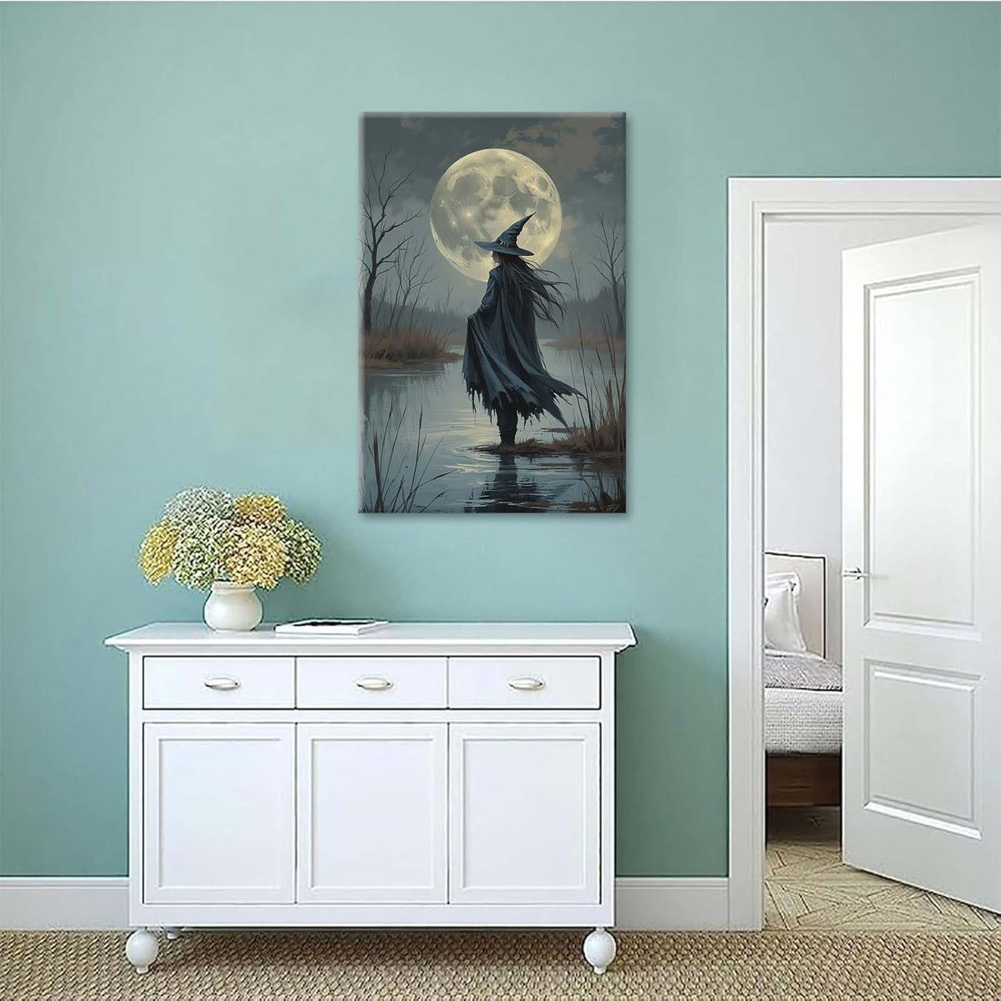 JFHCQJPK Witch in the moonlight magic canvas wall art enchanting Halloween home decor swamp witch silhouette oil painting mysterious gothic aesthetic wall decor print poster32x48in Frameless