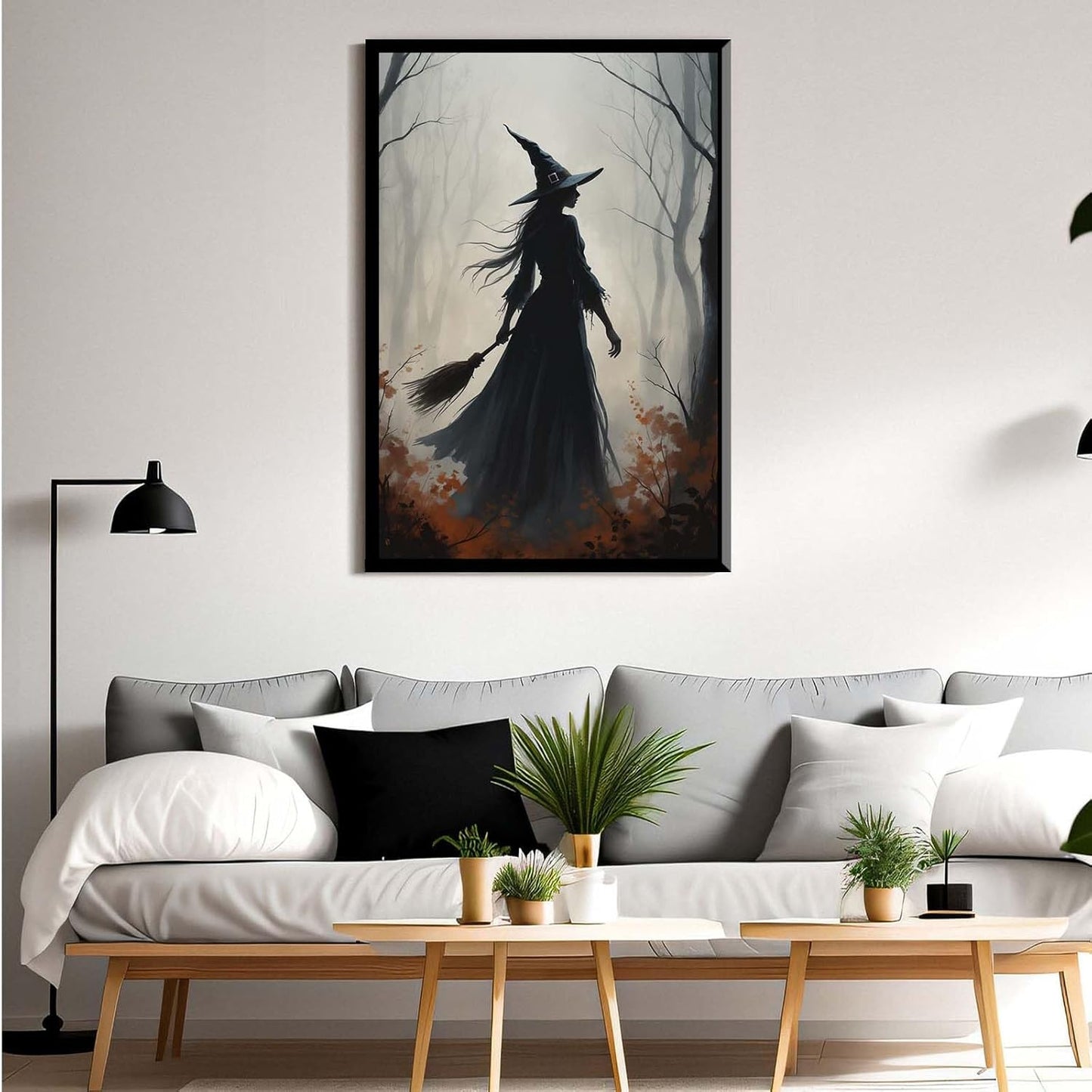 JFHCQJPK Vintage forest witch silhouette poster Halloween mural poster decoration mural art magic suitable for home living room bedroom12x16in Metal blackFramed
