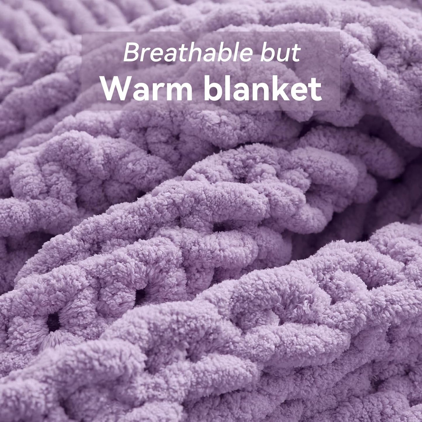 Chunky Knit Throw Blanket, 60''*80'' Knitted Throw Chenille Yarn for Bed Couch, Handmade Light Purple Crochet Big Thick Blanket, Machine Washable Cute Comfy Blanket for Home Decor