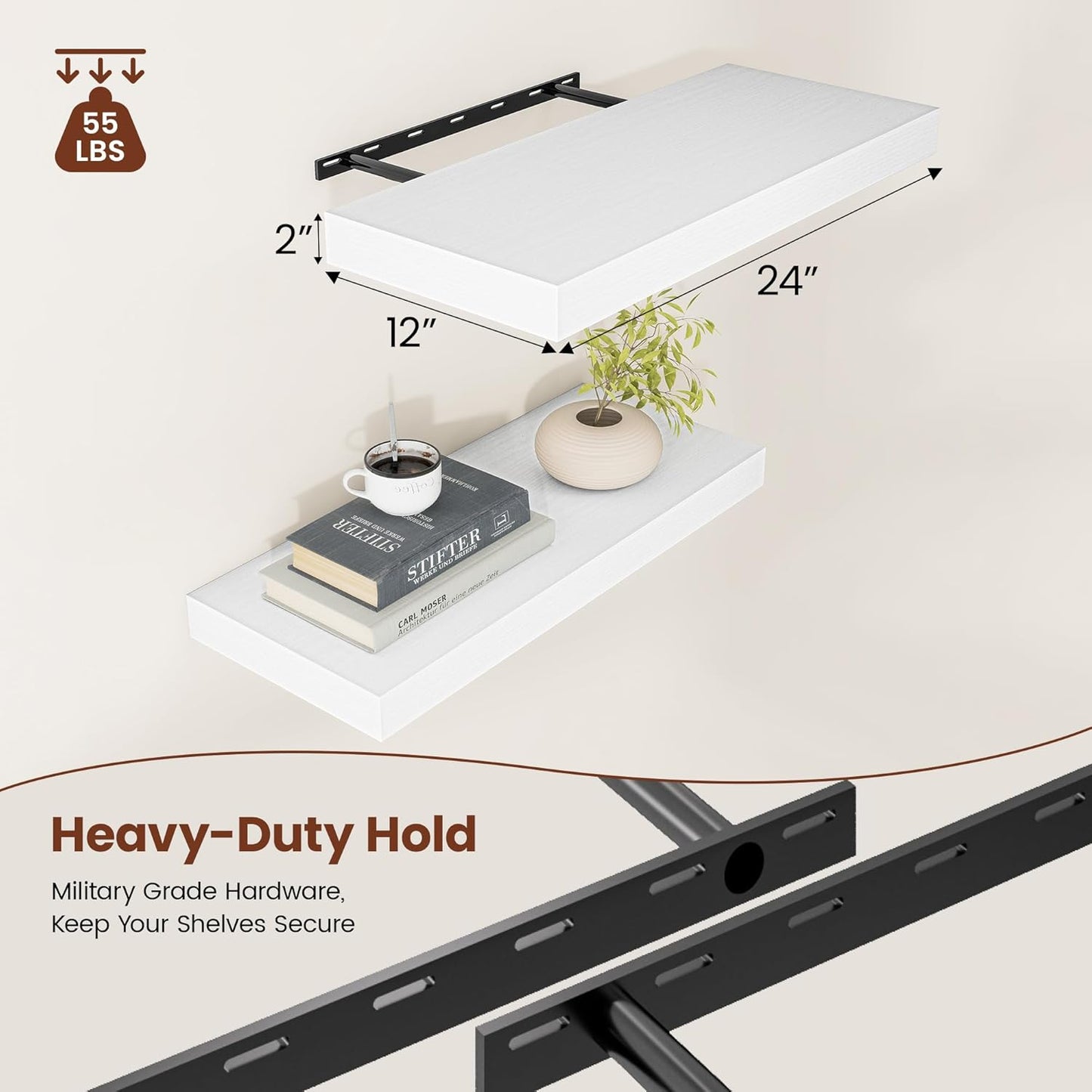 White Floating Shelves for Wall, 24 Inch X 12 Deep Shelves for Room Wall Mounted,2" Thick Heavy Duty Holds 55lbs Floating Shelf for Bedroom Bathroom Kitchen Laundry Room, Set of 2