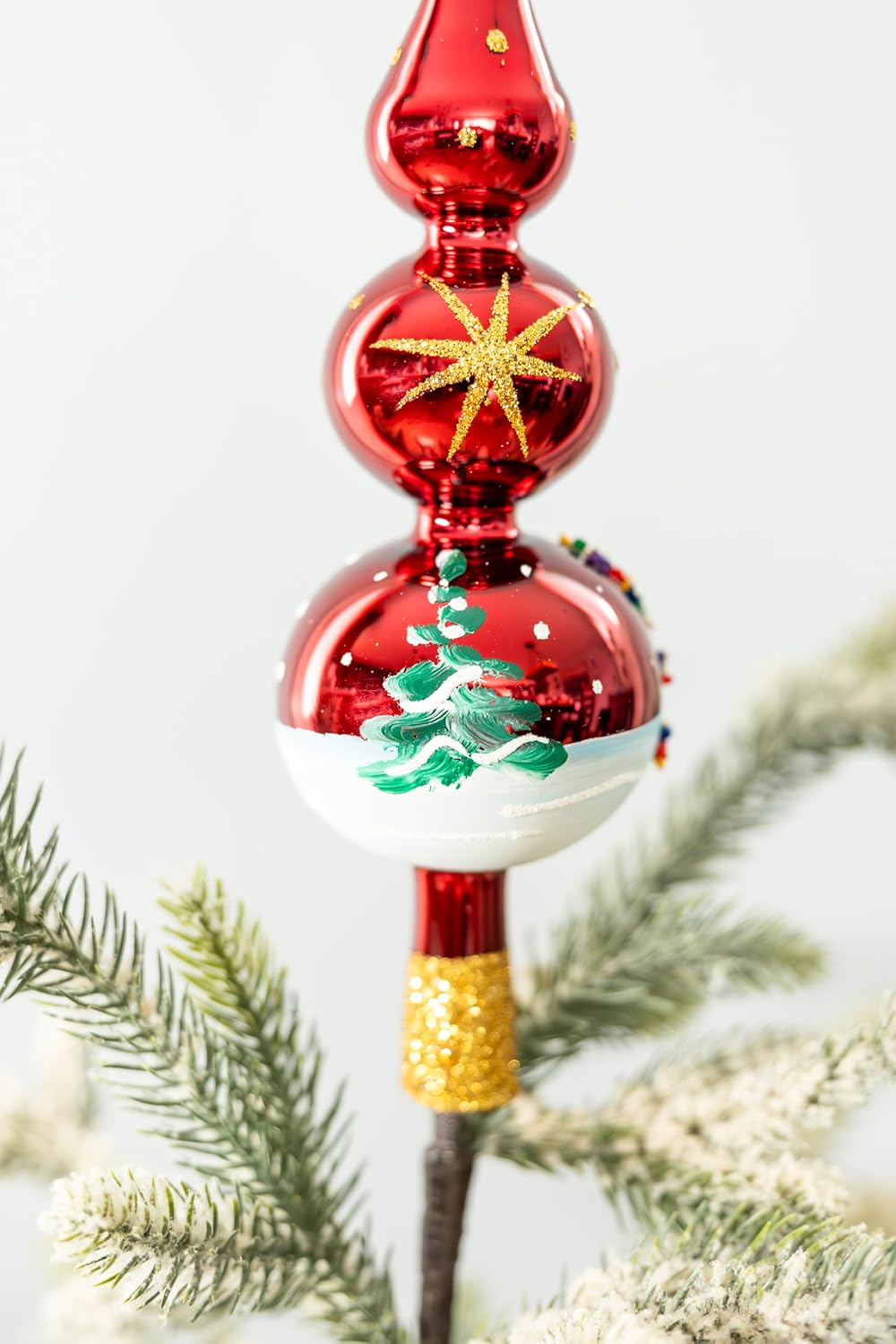 Christmas Tree Topper Spitz Glass Mouth Blown Hand-Decorated Embellishments (Burgundy, 12 inch)