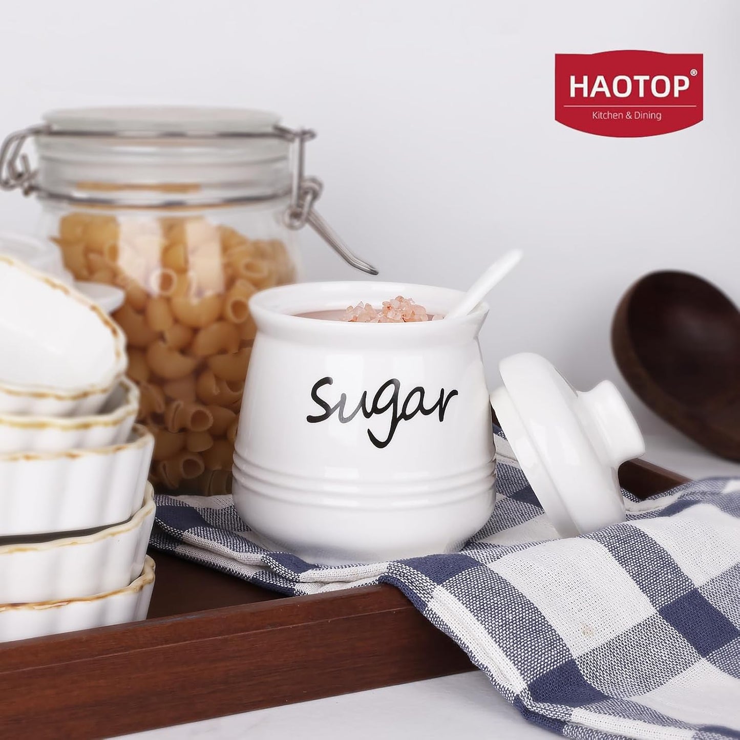 HAOTOP 12oz Sugar Bowl with Lid and Spoon,Ceramic Sugar Jar Sugar Dispenser Sugar Container Coffee Bar Accessories, Kitchen Countertop Canisters, White