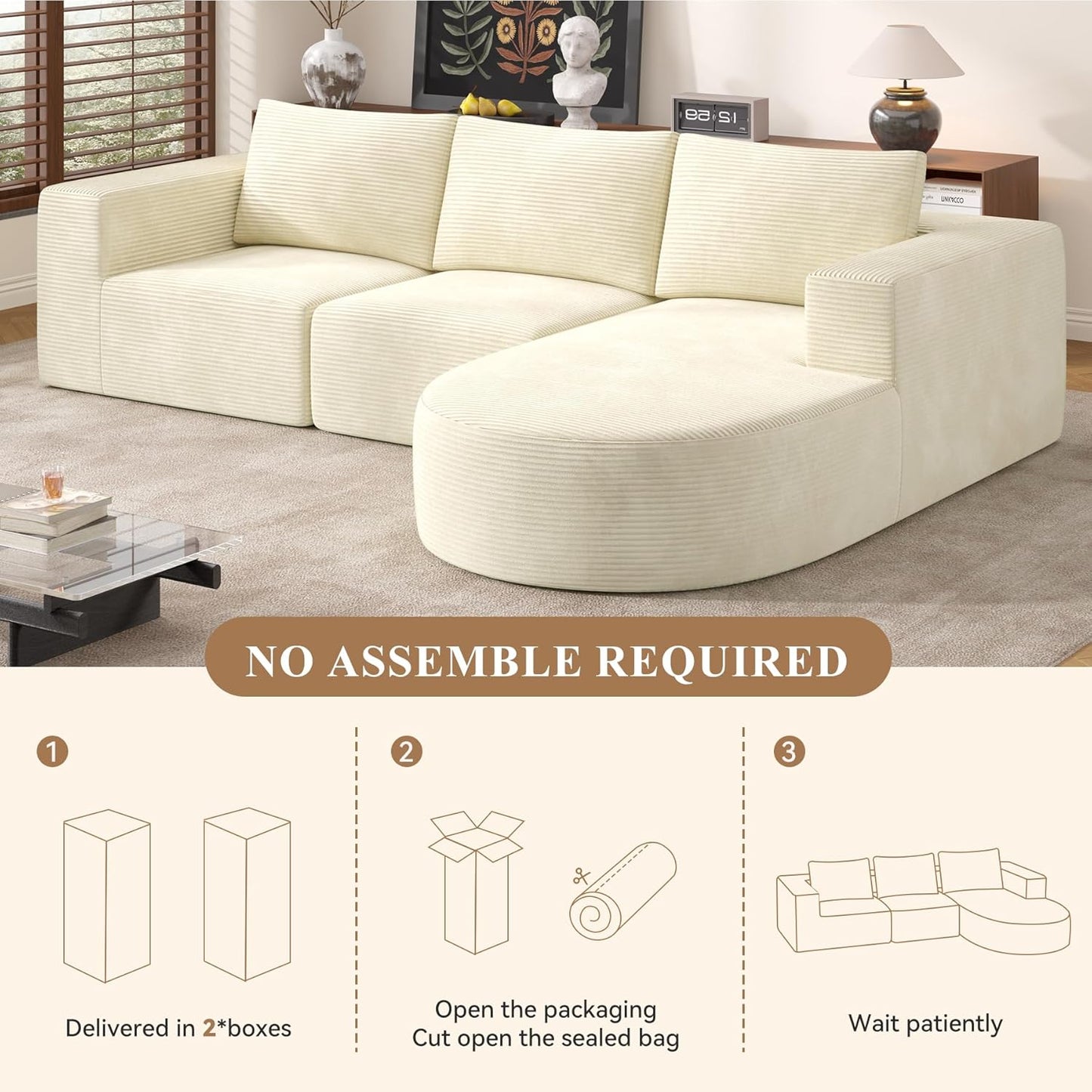 Modular Sectional Sofa with L-Shape Chaise,Cloud Sectional Modern Sleeper Couch with Deep Seat,Sponge Compression Sofas No Assembly Required(Beige-Corduroy Fabric) 1PCS