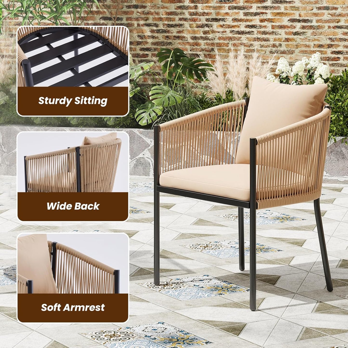 Soohow 5 Pieces Outdoor Dining Set for 4, Patio Table and Chairs Set 4 X Rattan Wicker Patio Chair with Cushions and 1 X Outdoor Table Plastic Wooden Top for Lawn, Deck Backyard, Poolside