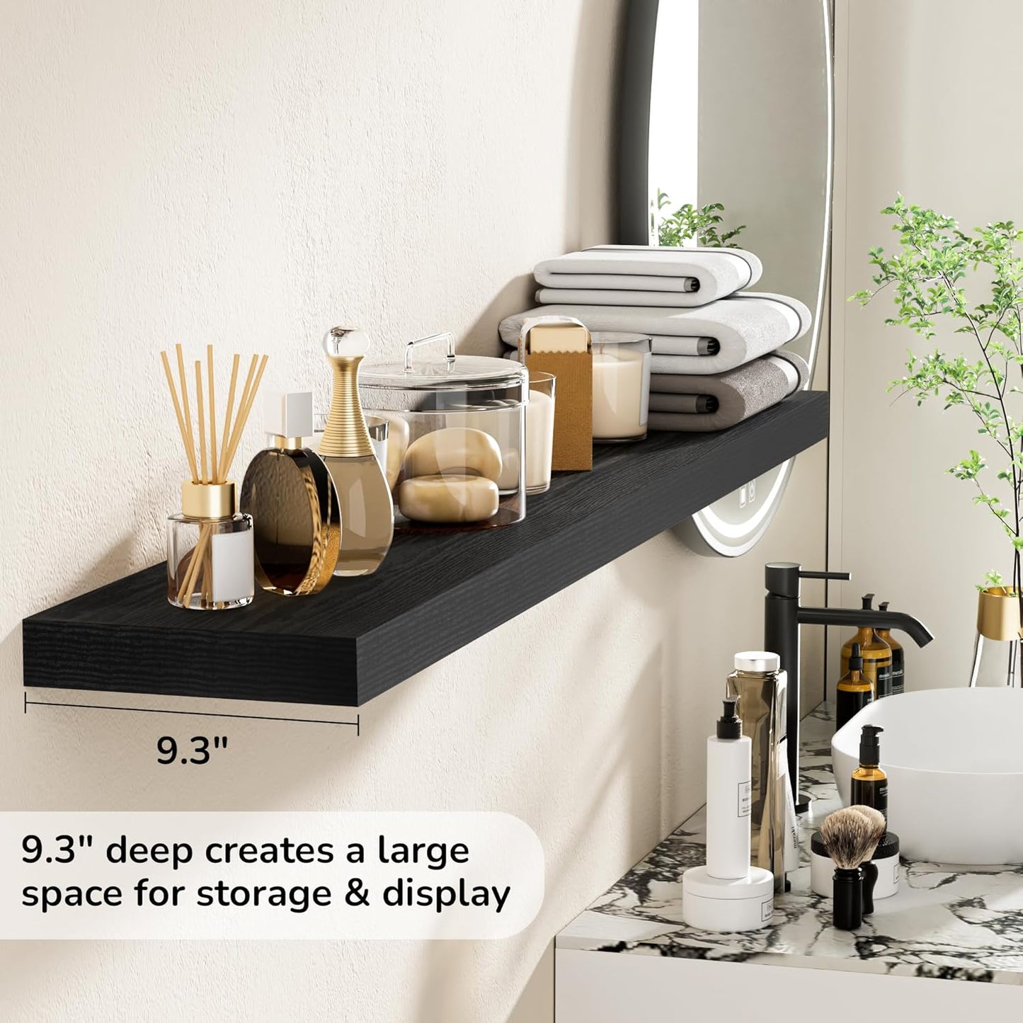 Fun Memories 55 Inch Floating Shelves - 9 Inch Deep Rustic Wooden Wall Shelves - Extra Deeper & Thicker Wall Mounted Storage Shelf for Living Room Kitchen Farmhouse - Rustic Black