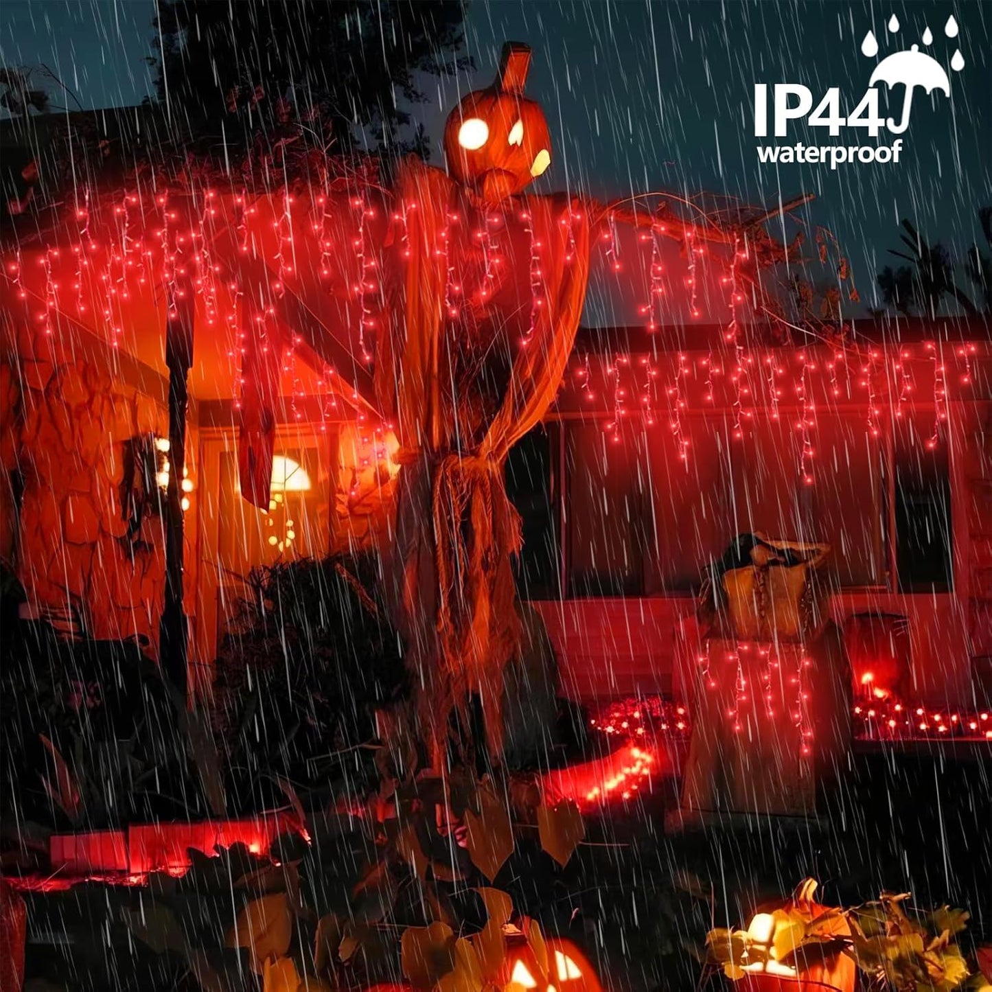 QITONG Red Halloween Lights for Outside, 33ft 400 LED Icicle Light with 8 Modes, 80 Drops Clear Wire Connectable Christmas Lights Indoor Plug in