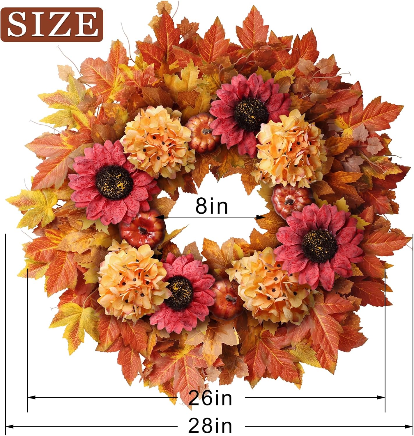 28'' Large Fall Wreath for Front Door, Porch, Window- Artificial Maple Leaves Faux Sunflower Hydrangea Pumpkins Outdoor Autumn Wreath for Home, Farmhouse Wall Thanksgiving Day Harvest Festival Decor