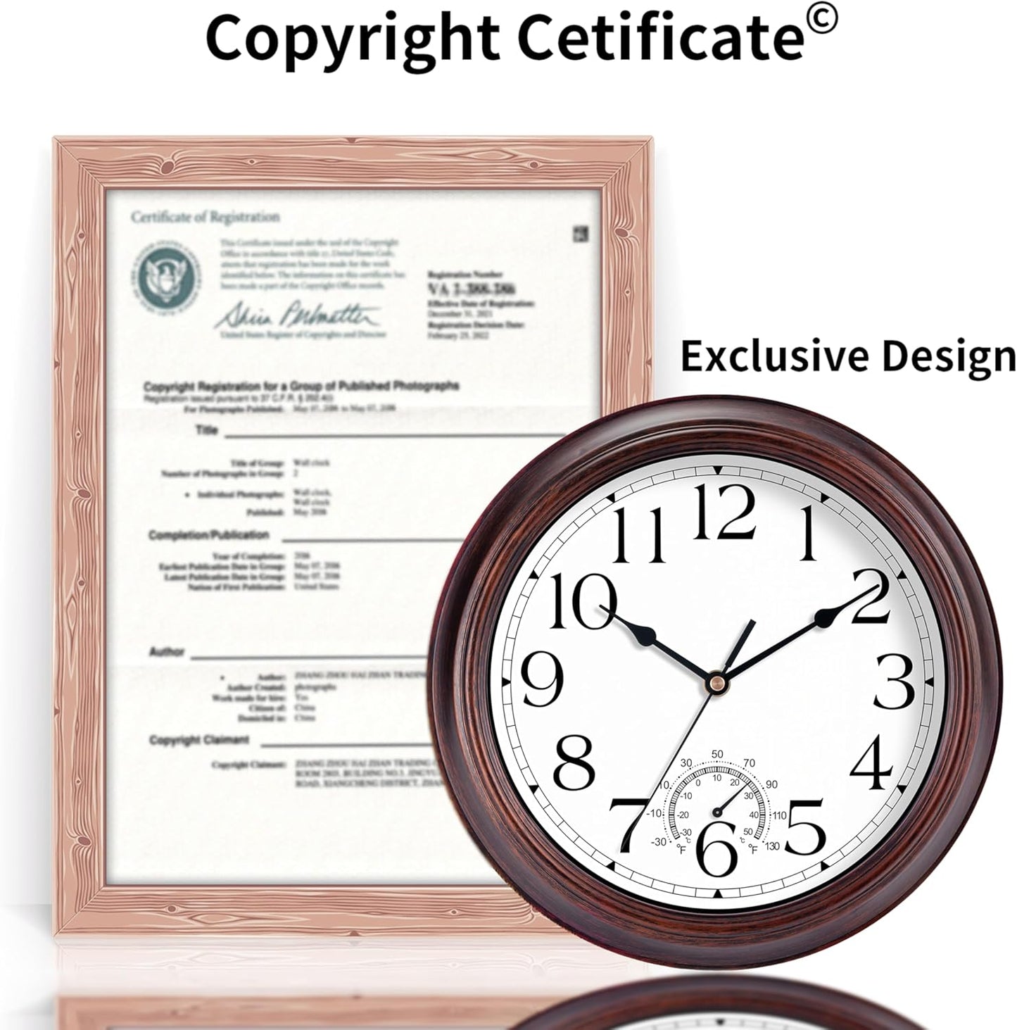 12 Inch Outdoor Wall Clock with Thermometers, Vintage Silent Wall Clocks Battery Operated, Retro Non-Ticking Clock Decorative for Living Room, Patio, Kitchen, Office, Bathroom, Bedroom(Bronze)