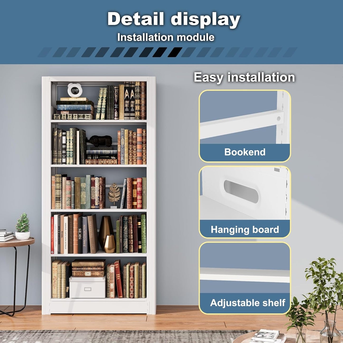 Metal Modern Bookshelf, 69”Tall Bookcase, 5-Tier Book Shelf with Adjustable Shelves, Heavy Duty Bookshelves, Modular Bookshelf for Library Shelves, Living Room, Office, Home (White)