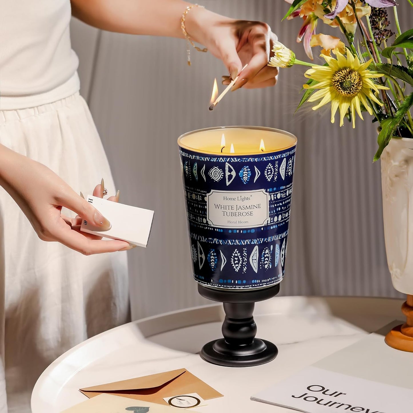 HomeLights Scented Candles for Women & Men, 34oz Candle Jars Aromatherapy 3-Wick Candle, Ideal for Bohemian Natural Textures Home Decor and Gifts, White Jasmine Tuberose