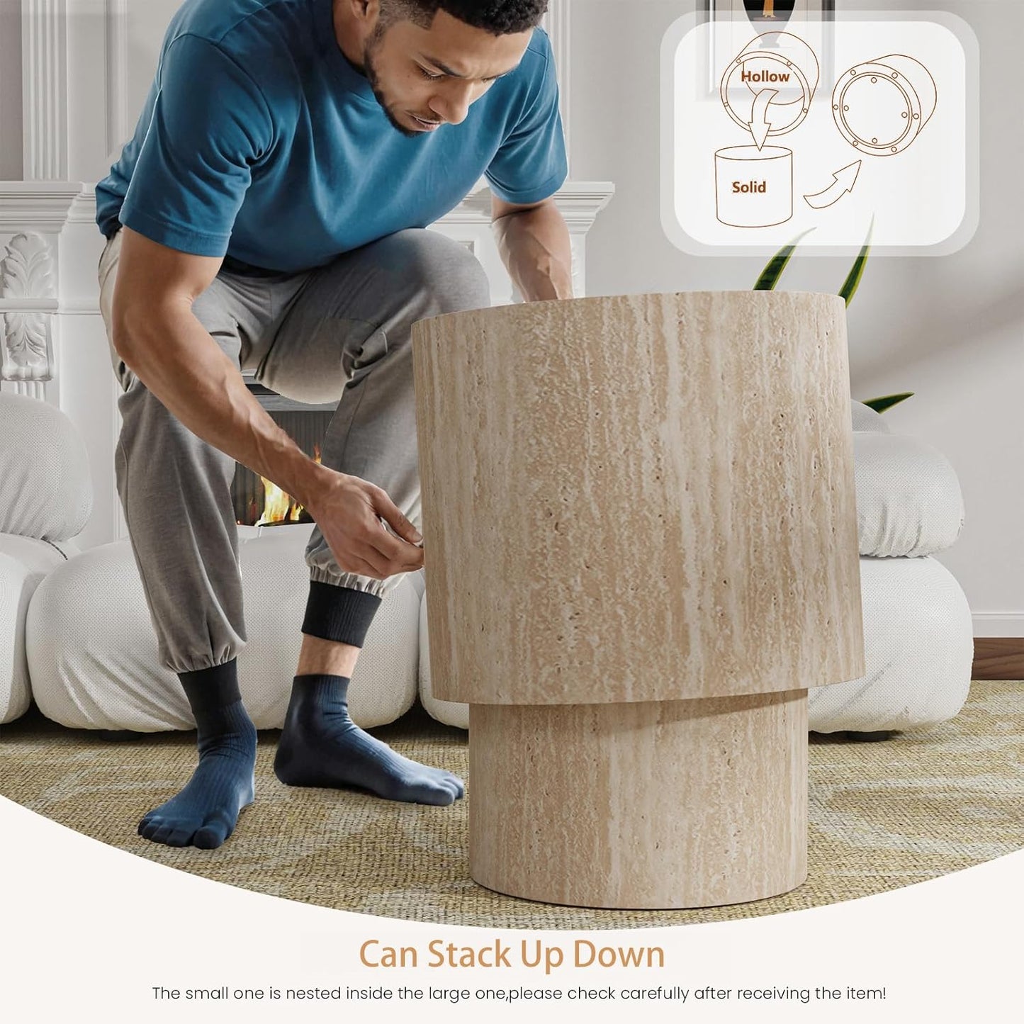 Travertine Round Nesting Coffee Tables 2 Piece Set - Contemporary Design, Round Drum Nesting Side Table Sturdy Build, Multifunctional for Living Room, Office, and Balcony Use (Travertine 18.1in)