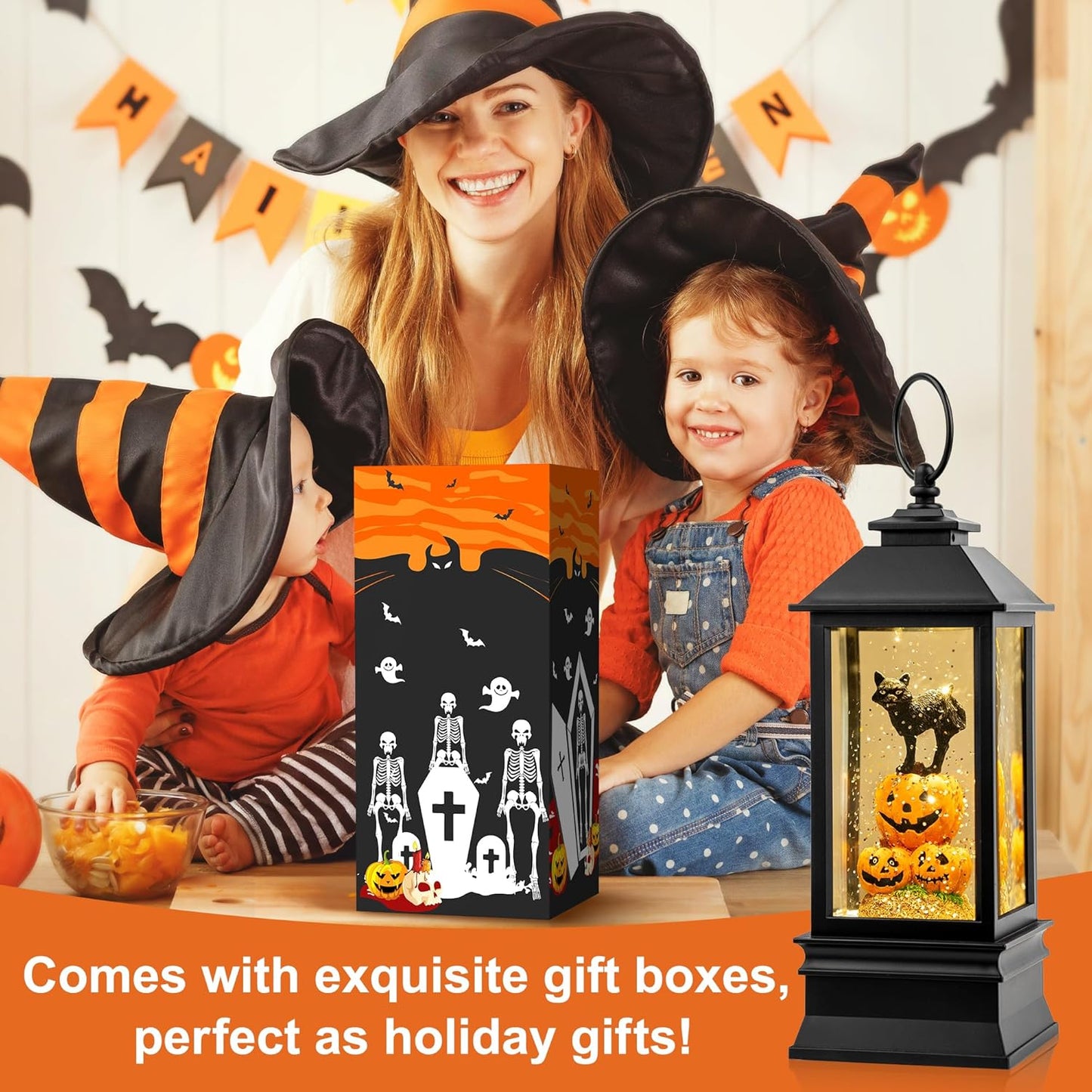 10'' Halloween Snow Globe Lantern Lighted Musical Water Lantern Spooky Pumpkin and Witch' s Black Cat Combo with Swirling Glitter, Battery Operated or USB Powered