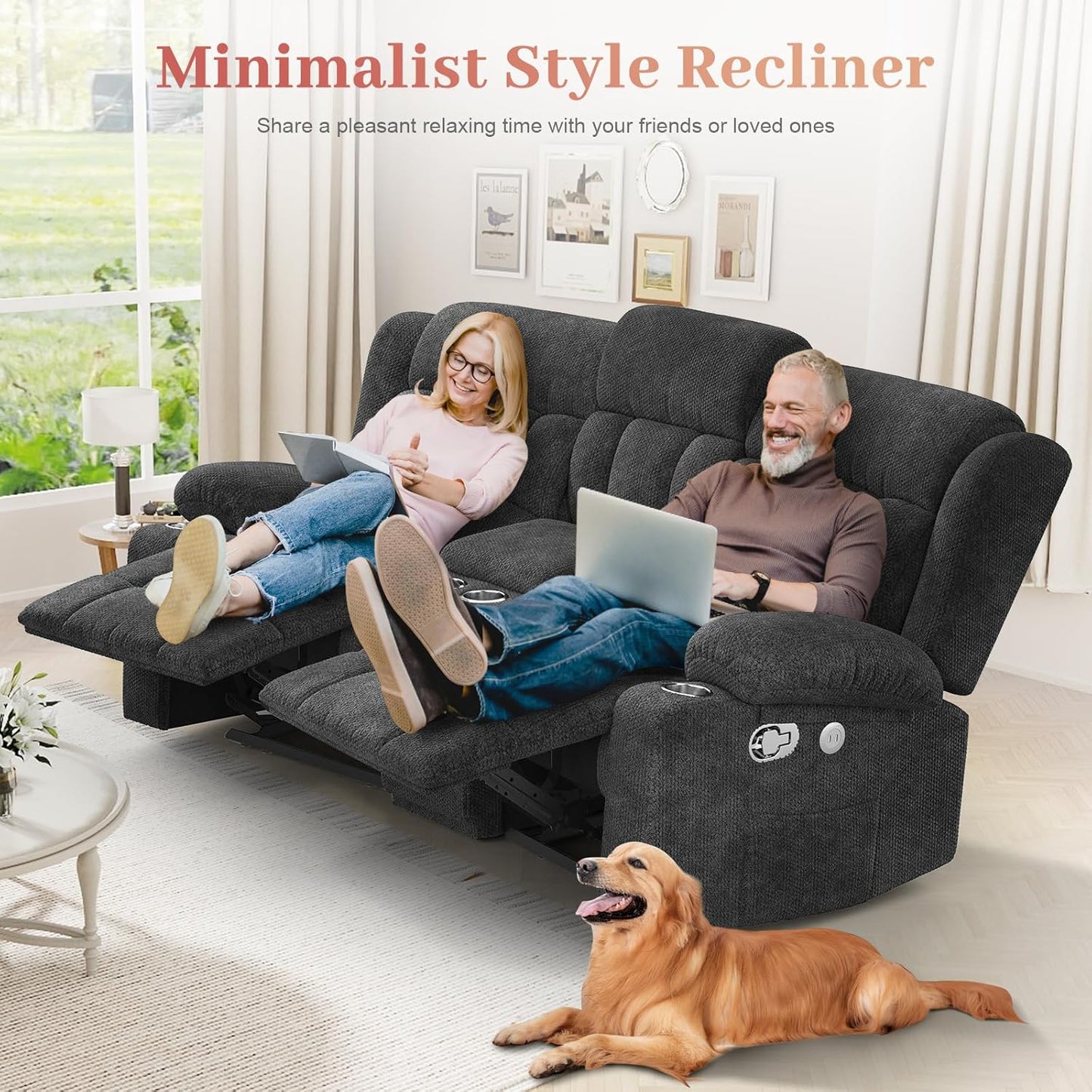 Loveseat Recliner Sofa, 2 Seater Curved Sofa for Living Room, Fabric Manual Pull Tab Reclining Loveseat with Storage Console, Recliner Loveseat Couches with USB Charge Ports, Cup Holders, Grey