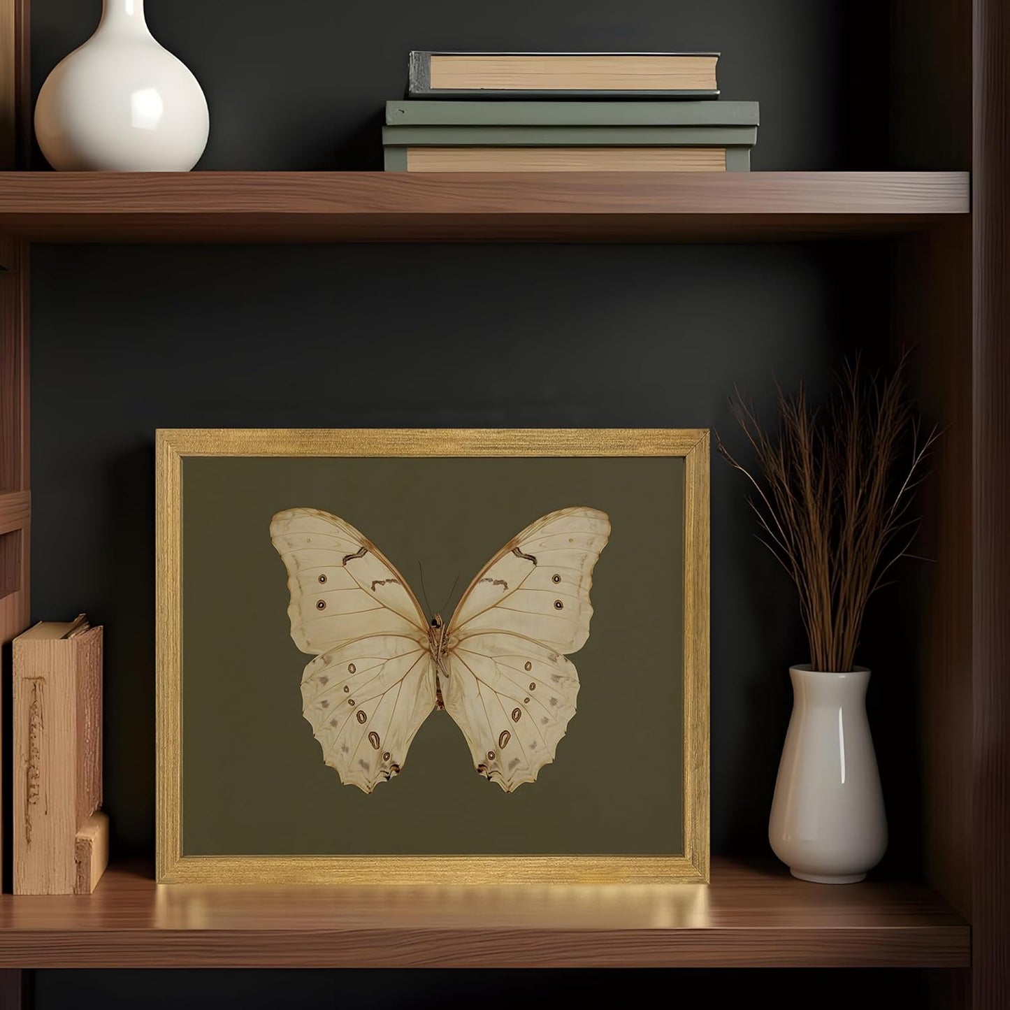 Wood Framed White Butterfly Wall Art, Vintage Butterfly Oil Paintings, Dark Moody Insect Canvas Prints, Boho Sage Green Wall Decor, for Bedroom Kitchen Bathroom Cottagecore Room Decor - 8x10 Inch