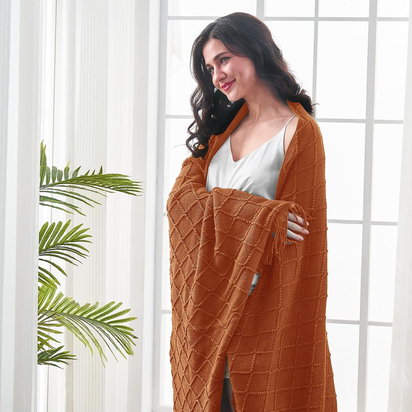 inhand Knitted Throw Blankets for Couch and Bed, Soft Cozy Knit Blanket with Tassel, Orange Rust Lightweight Decorative Blankets and Throws, Farmhouse Warm Woven Blanket for Men and Women, 50"x60"