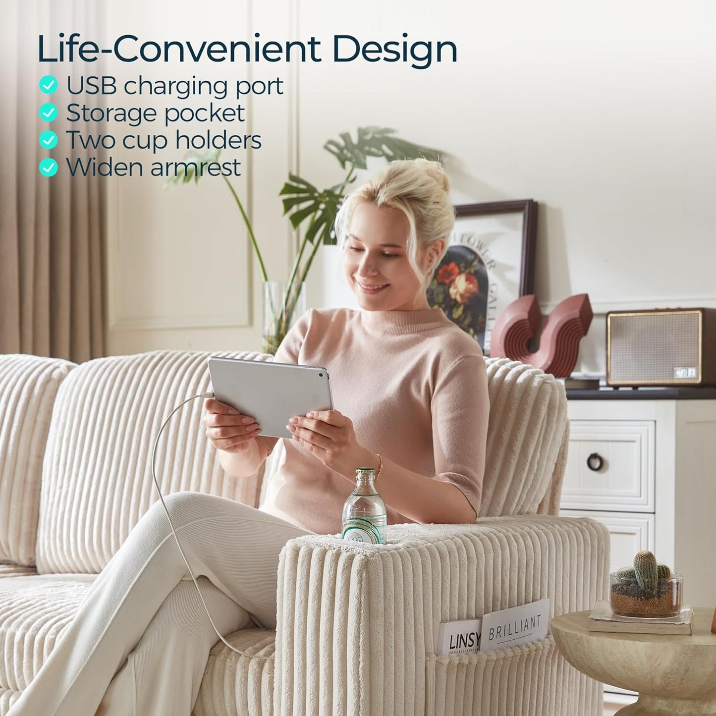 LINSY HOME Loveseat Sofa with Pull Out Couch Chaise: 2-in-1 Convertible 2 Seater Sofa with USB Charging & Cup Holders, Comfy Plush Corduroy Love Seat for Small Spaces Living Room Apartment, Beige