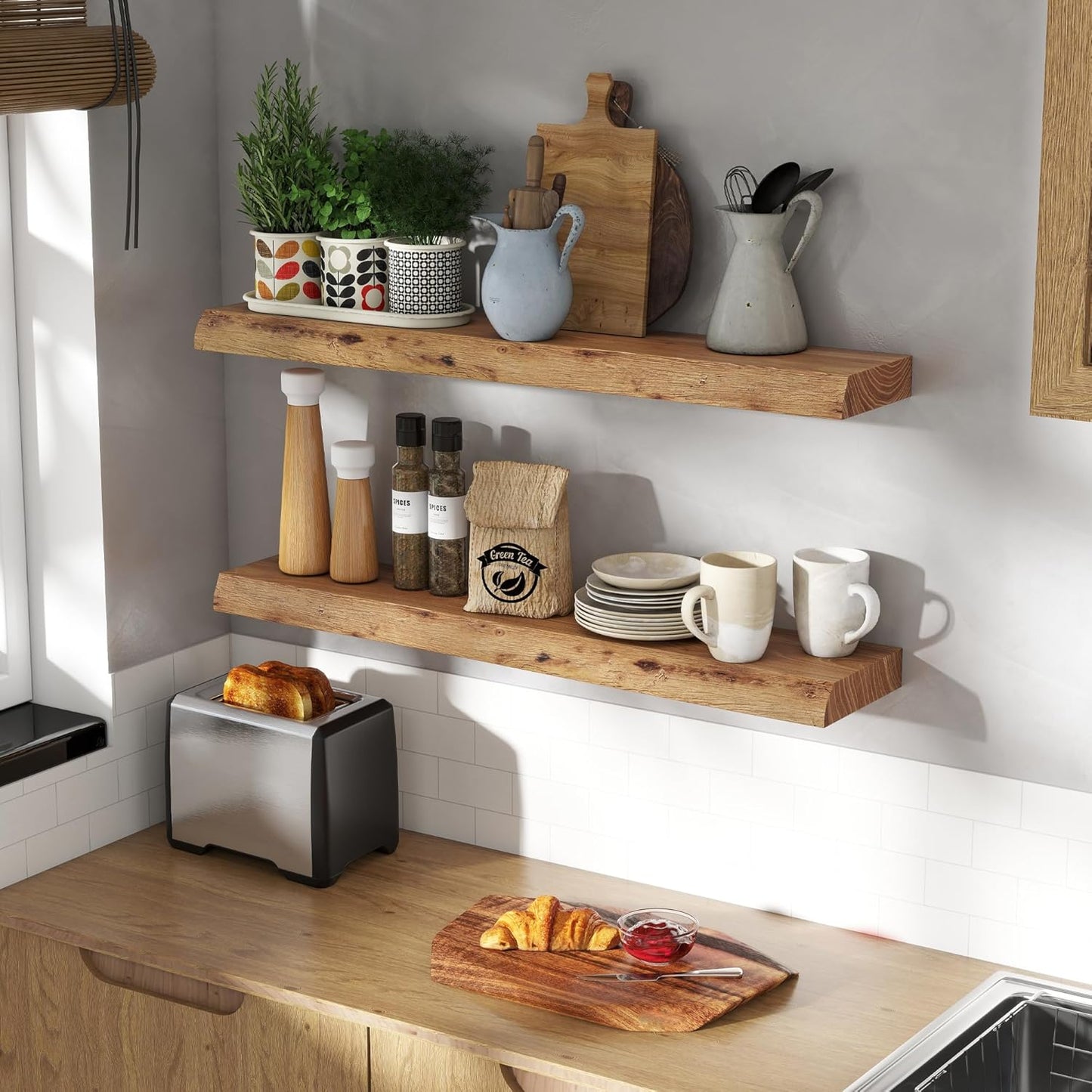 Solid Elm Wood Floating Shelves, 36 Inch Wood Floating Shelves for Wall, Live Edge Wooden Shelves Wall Mounted for Books, Bathroom, Kitchen, Natural Color, Set of 2