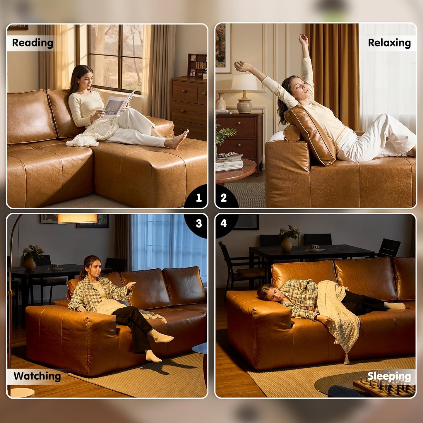 ovios Sectional Cloud Couch for Living Room, Modular Floor Sofa with Plush Corduroy, No Assembly Required, Big Comfy Couches Set with Fluffy Memory Foam, Stupendous U Shaped Sofas with Chaise, Brown