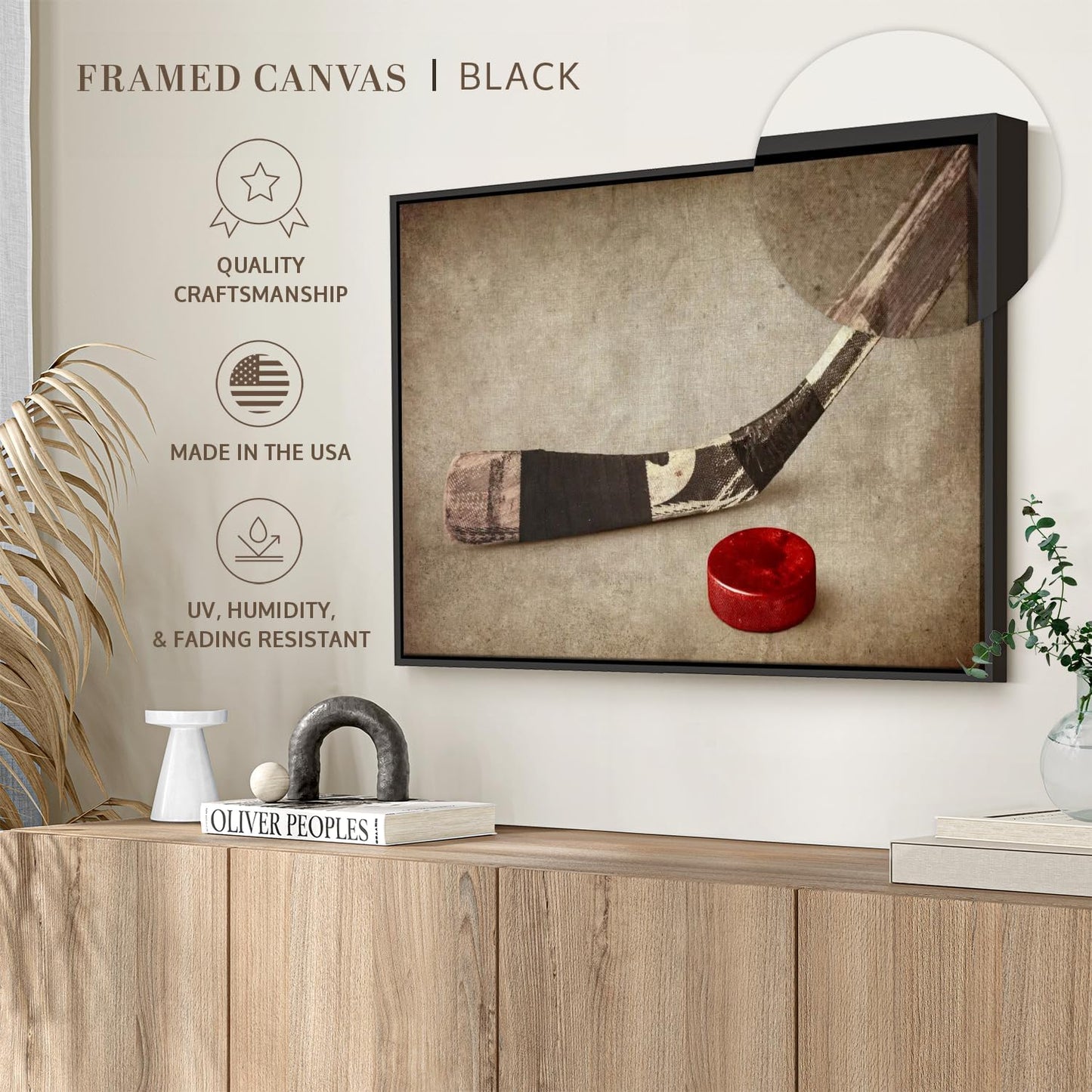 Elephant Stock Vintage Ice Hockey Wall Art - Horizontal Framed Canvas - 1-Piece Hallway Wall Decor - Photography Sports Canvas Print - Brown and Beige Decor for Wall - 31" X 21"