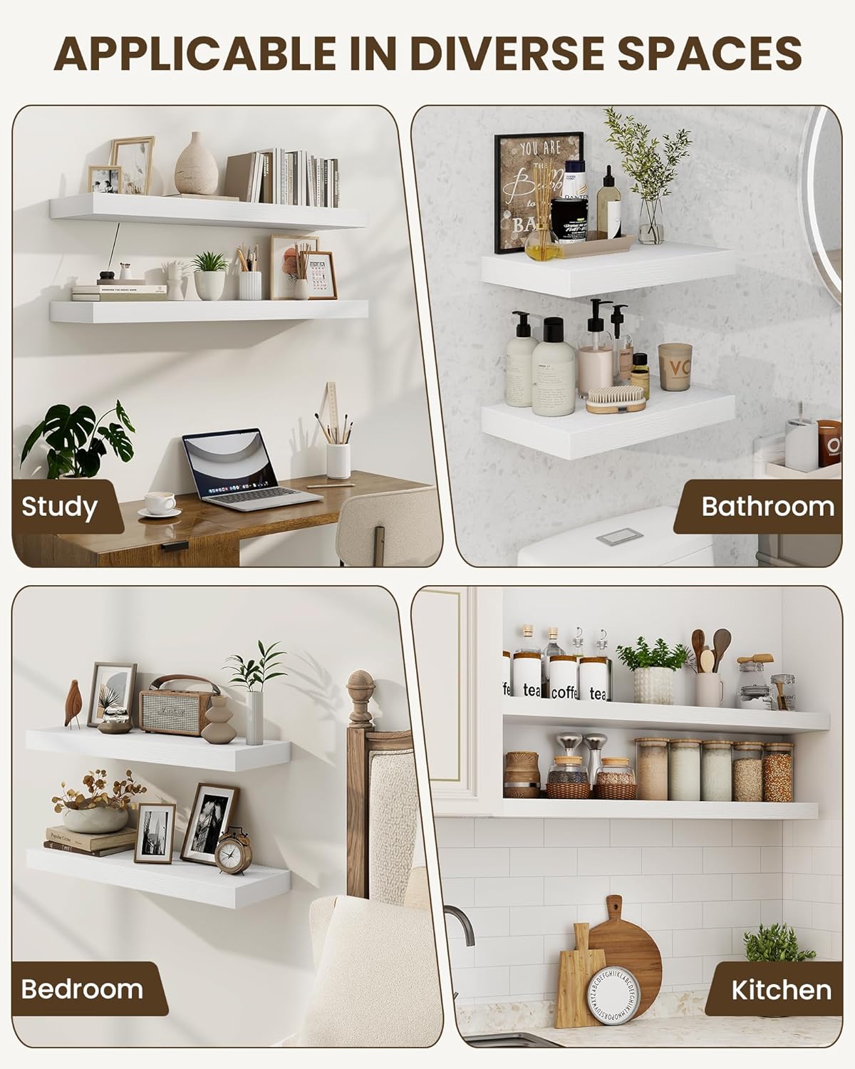 Marsmiles 31.5" Floating Shelves for Wall, Wooden Shelves with Invisible Brackets Set of 2, Rustic Farmhouse Wall Mounted Shelf for Kitchen Bathroom Living Room Study, White