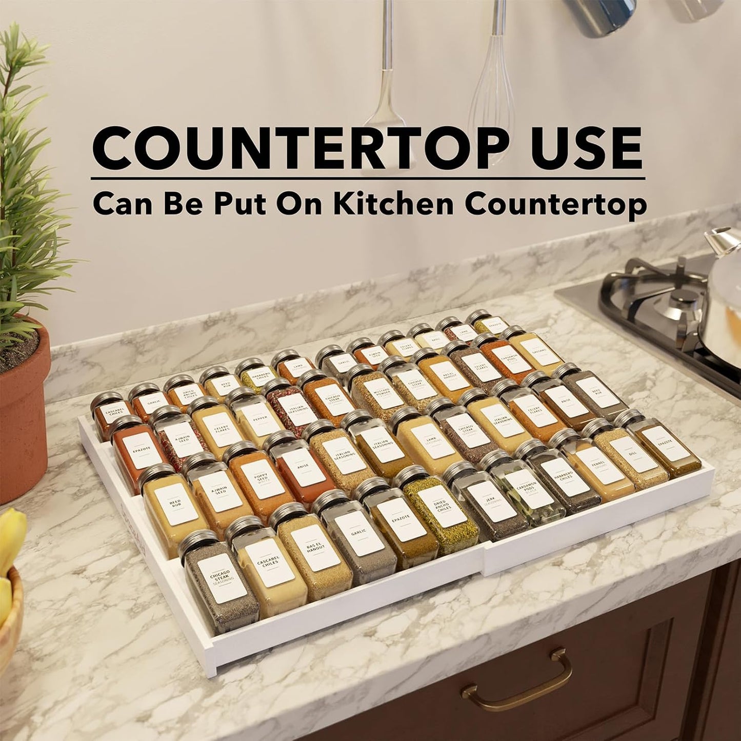 SpaceAid Bamboo White Spice Drawer Organizer, (Need 3" Deep Drawer) Expandable 4 Tier Spices Rack for Cabinet, Kitchen Seasoning Storage Insert (Jars Not Included, From 12" to 23" Wide)