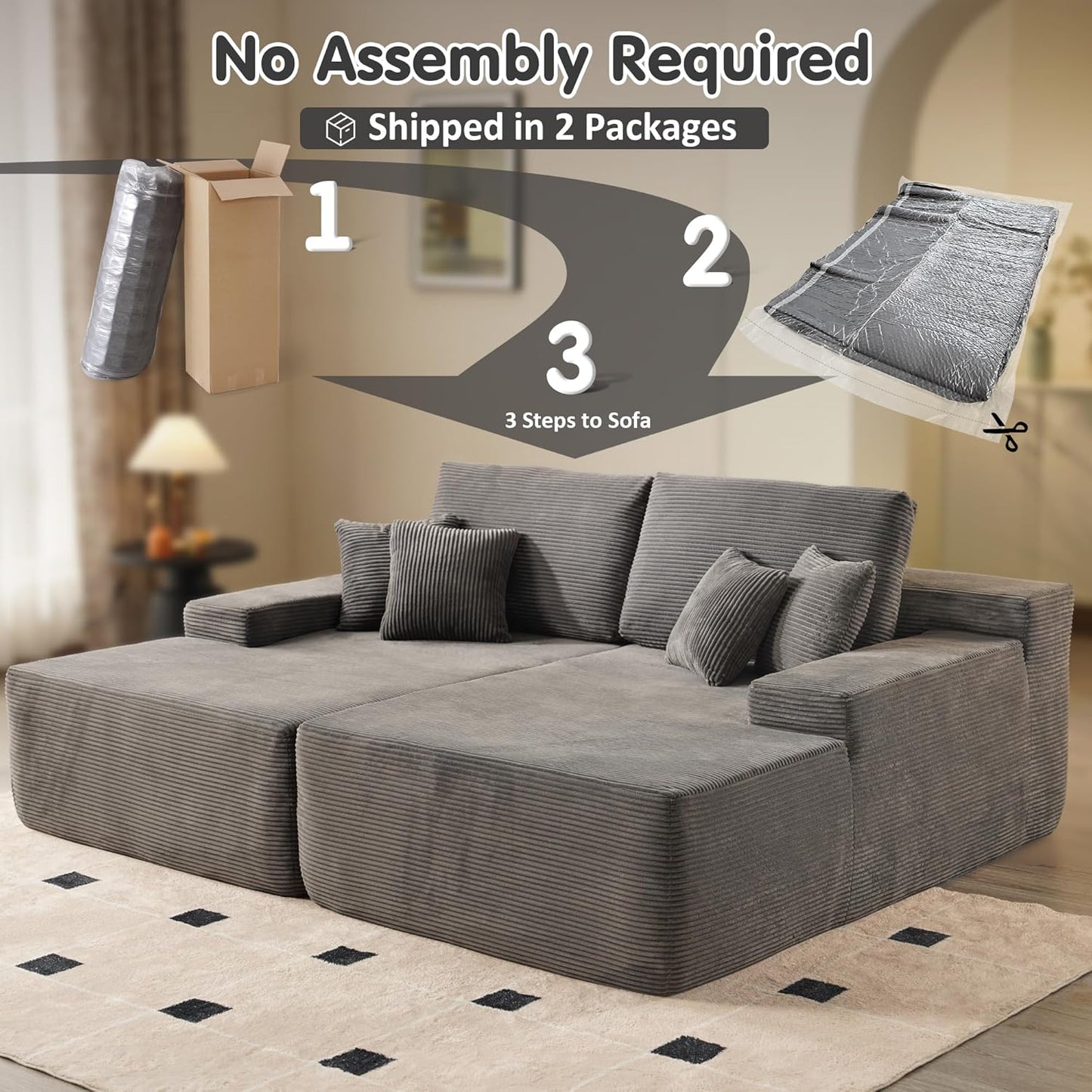 ovios 81" Oversized Sectional Double Lounge Chaise with Cloud Plush Sofa Bed, No Assembly Required, Fluffy Modern Sleeper Loveseat Chair for Indoor Living Room Bedroom Reading, Grey (Corduroy Fabric)