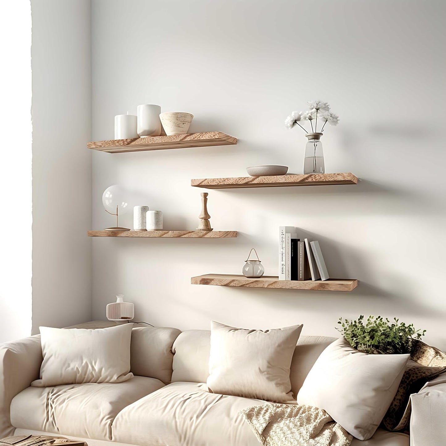 24 Inch Floating Shelves for Wall Rustic Light Wood Wall Shelves for Bedroom Set of 4