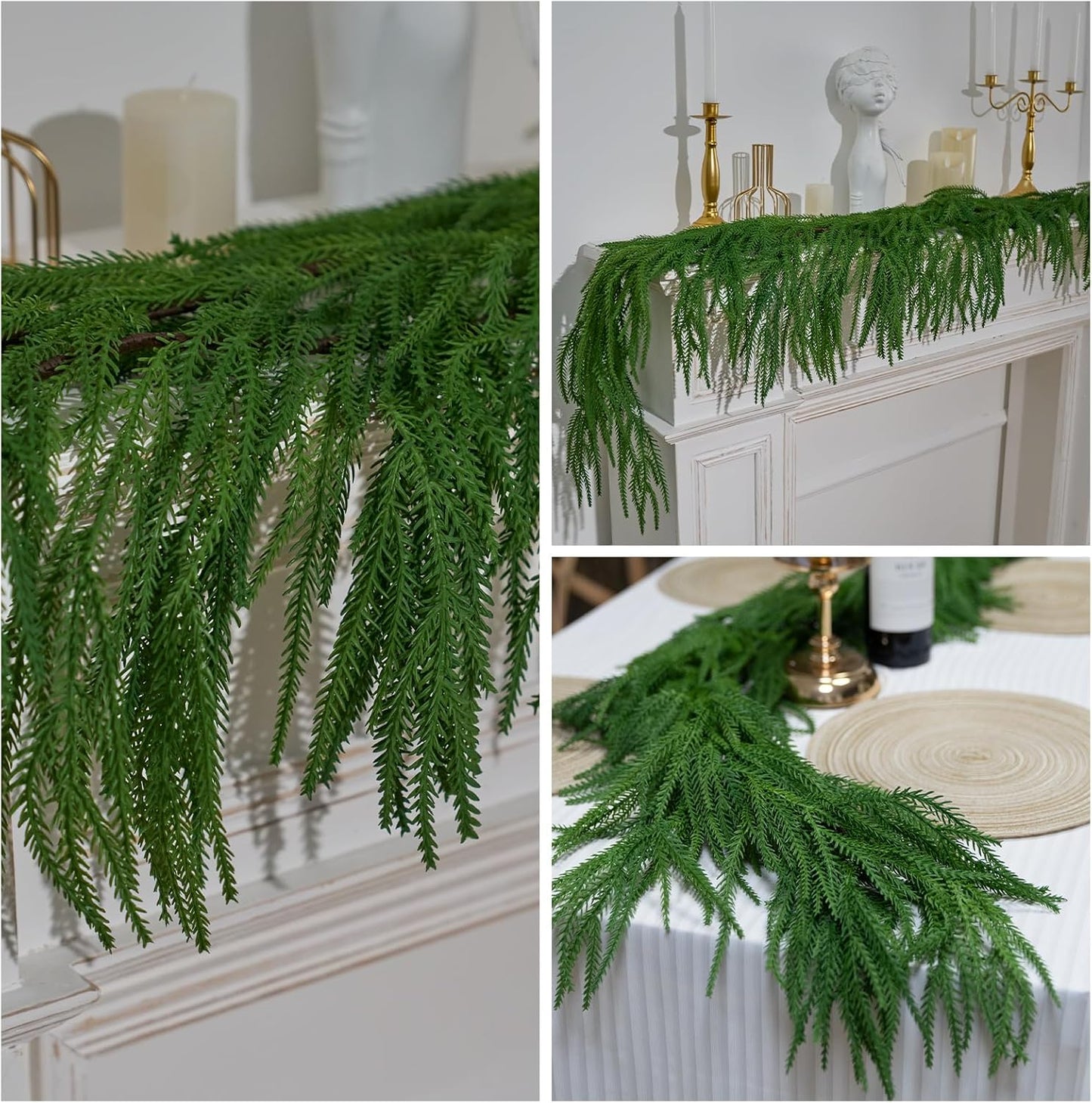 6FT Artificial Norfolk Pine Garlands, Real Touch Winter Christmas Pine Tree Wreath, Green Artificial Greenery Garland for Christmas Holiday Seasonal Indoor Home Decor Mantle