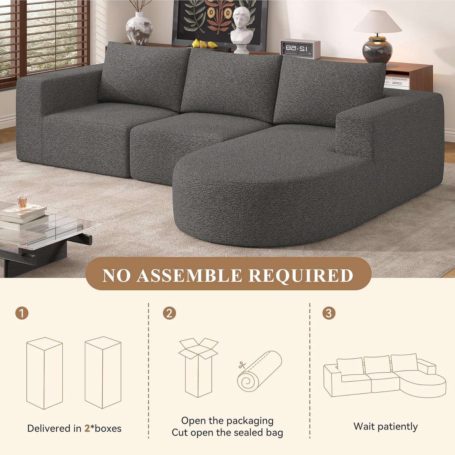 Modular Sectional Sofa with L-Shape Chaise,Cloud Sectional Modern Sleeper Couch with Deep Seat,Sponge Compression Sofas No Assembly Required(Gray-Corduroy Fabric) 1PCS