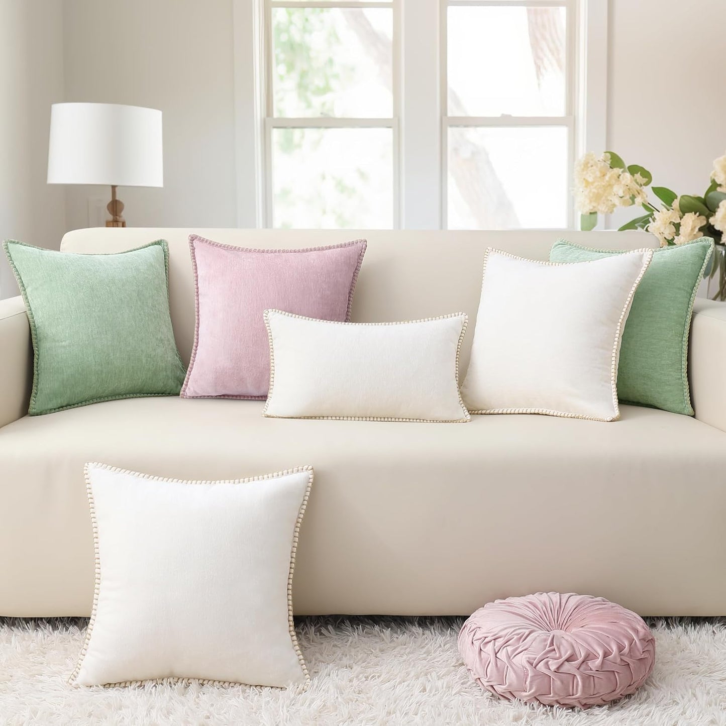 decorUhome Chenille Soft Throw Pillow Covers 20x20 Set of 2, Farmhouse Velvet Neutral Decorative Euro Pillow Covers with Stitched Edge for Couch Sofa Bed Home Decor, Cream White