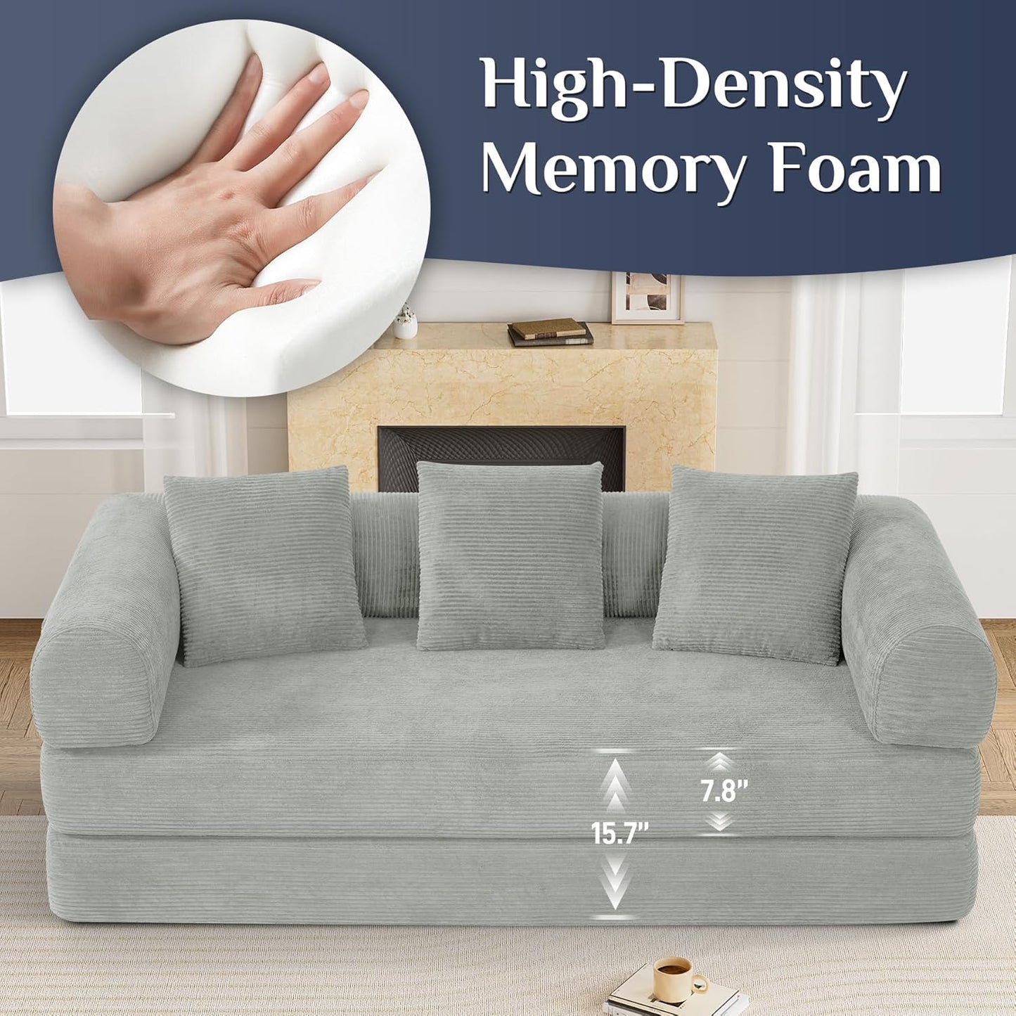 Convertible Sleeper Sofa Bed with Pillow, 4-in-1 Corduroy Folding Mattress Couch with Fixed-Shape Frame, Futon Fold Out Floor Sofa Cama Lounge Couch for Living Room Bedroom, Light Grey