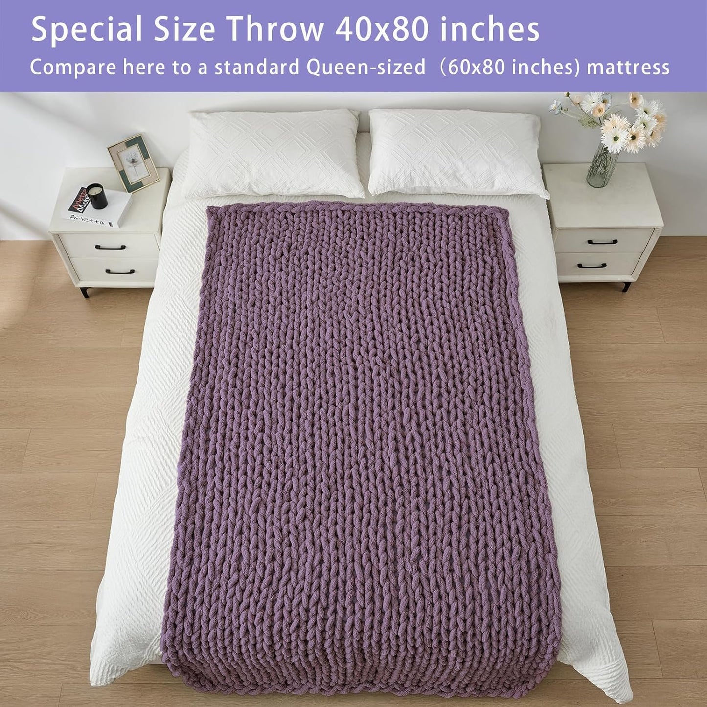 Bigacogo Chunky Knit Throw Blanket for Couch, 40x80 inches, 100% Hand Knitted with Thick Jumbo Chenille Yarn, Cozy Soft Large Rope Knot Cable Crochet Blankets for Sofa Bed Living Room, Winter Grape