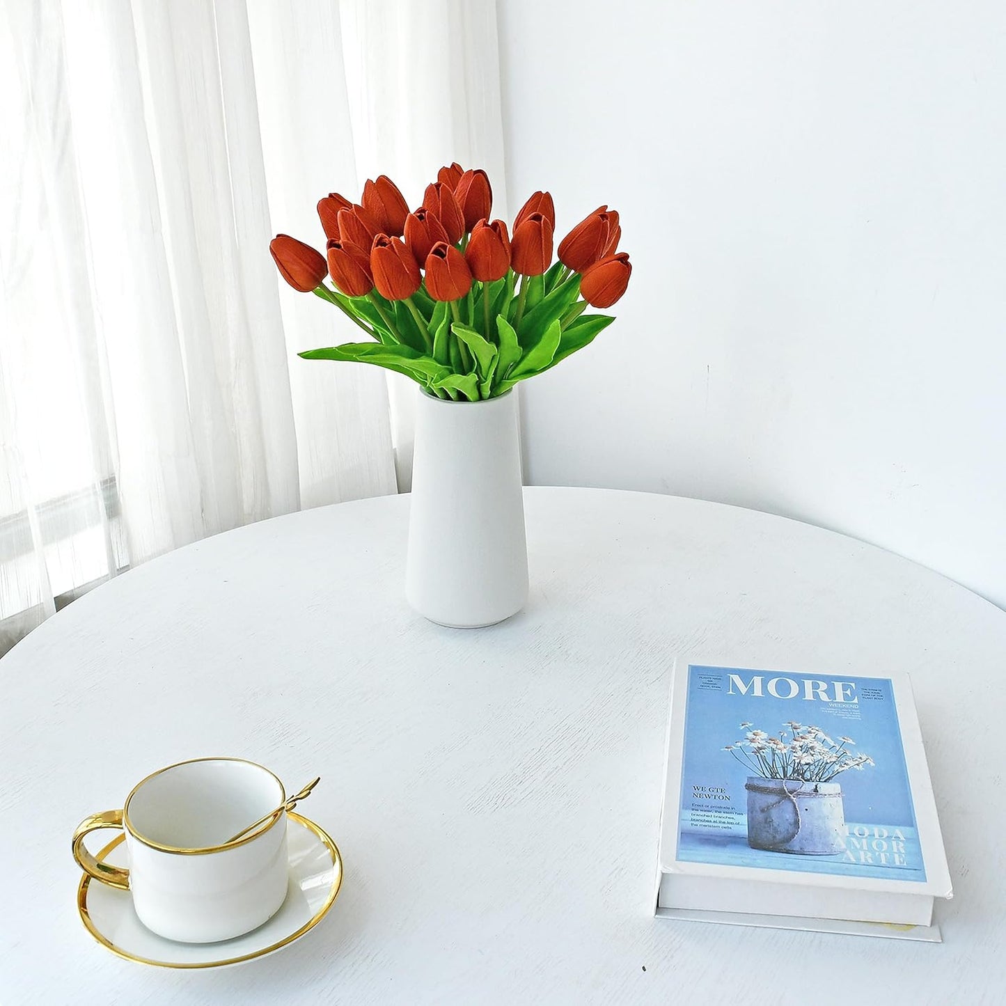 Mandy's Artificial Tulips 20 Stems Dark Orange PU Faux Flowers for Wedding Home Decor 13.5 Inch