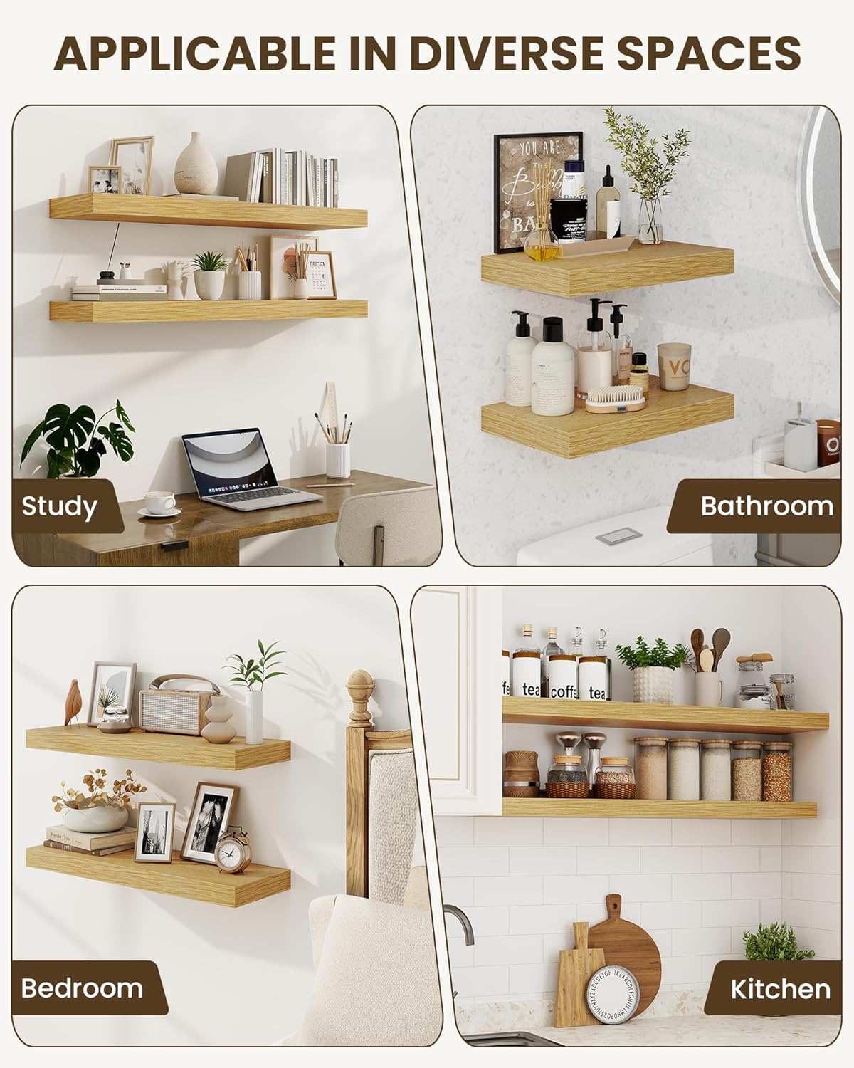 Marsmiles 72" Floating Shelves for Wall, Wooden Shelves with Invisible Brackets Set of 2, Rustic Farmhouse Wall Mounted Shelf for Kitchen Bathroom Living Room Study, Natural Oak