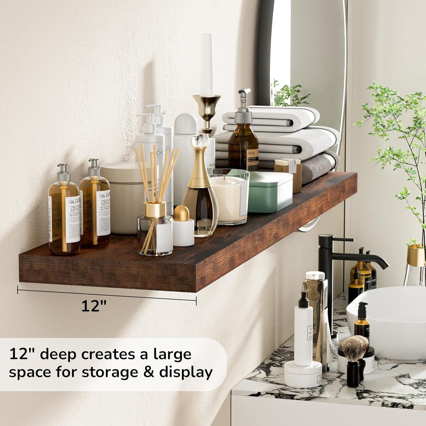 Fun Memories Floating Shelves - 12 Inch Rustic Wooden Wall Shelves - Extra Deeper & Thicker Wall Mounted Storage Shelf for Living Room, Kitchen, Farmhouse - 48" W x 12" D x 1.8" H - Brown